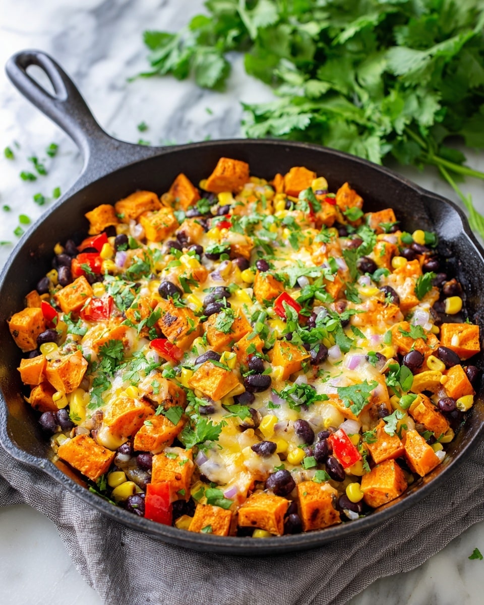 A black skillet filled with a colorful mix of roasted orange sweet potato cubes, black beans, yellow corn, diced red bell peppers, and white onion pieces. These ingredients are layered evenly across the skillet with melted light yellow cheese scattered on top, slowly blending into the mix. Bright green chopped cilantro is sprinkled generously over the dish, adding fresh color contrast. The skillet rests on a folded gray cloth on a white marbled surface, with some green leafy herbs blurred in the background, adding a fresh touch to the scene. photo taken with an iphone --ar 4:5 --v 7