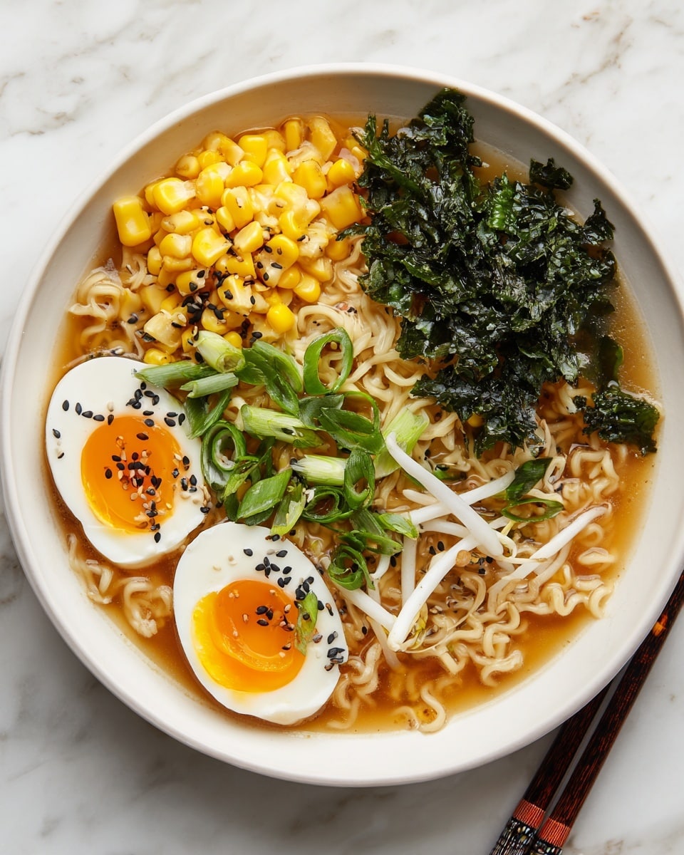 A white bowl with light brown broth filled with wavy noodles at the bottom makes the first layer. On top, there are bright yellow corn kernels placed on the upper left side with a small pile of dark green seaweed near the center top. To the left, two halves of a soft-boiled egg with orange runny yolks and white edges are placed. Scattered over the dish, there are fresh green chopped scallions and white bean sprouts slightly to the right. Black and white sesame seeds are sprinkled on top, with a few black sesame seeds on the egg yolks. The bowl is set on a white marbled surface with a pair of brown and black chopsticks to the right photo taken with an iphone --ar 4:5 --v 7