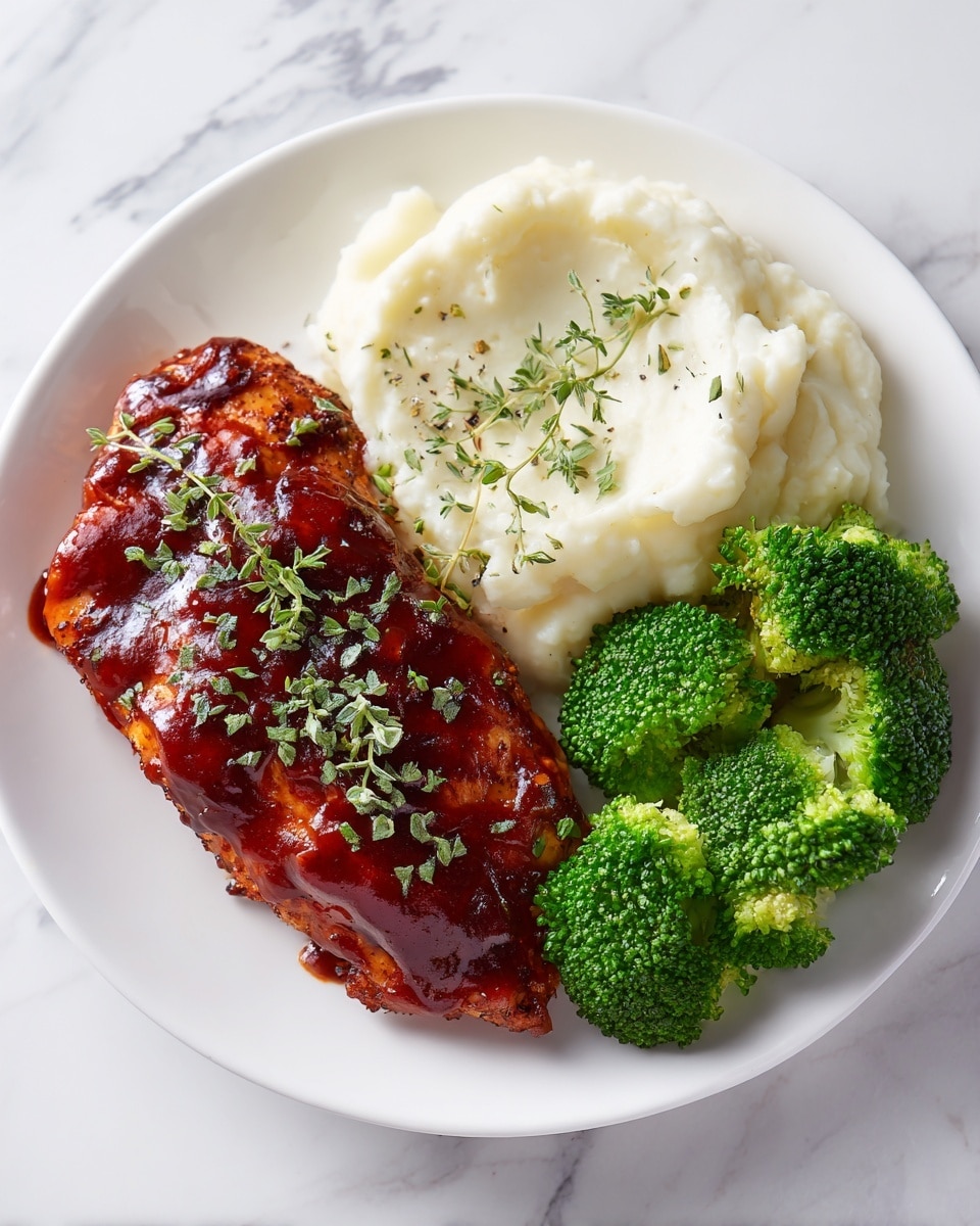 A white plate holds a meal with three parts: a large scoop of creamy, light beige mashed potatoes sits at the top right, next to a bright green cluster of steamed broccoli on the left, with firm stalks and soft tops. In front, a thick, golden-brown chicken breast is coated in a shiny, rich reddish-brown sauce that pools slightly on the plate. Small green herb pieces are scattered on top of the sauce, adding a fresh touch. The plate rests on a white marbled surface. photo taken with an iphone --ar 4:5 --v 7