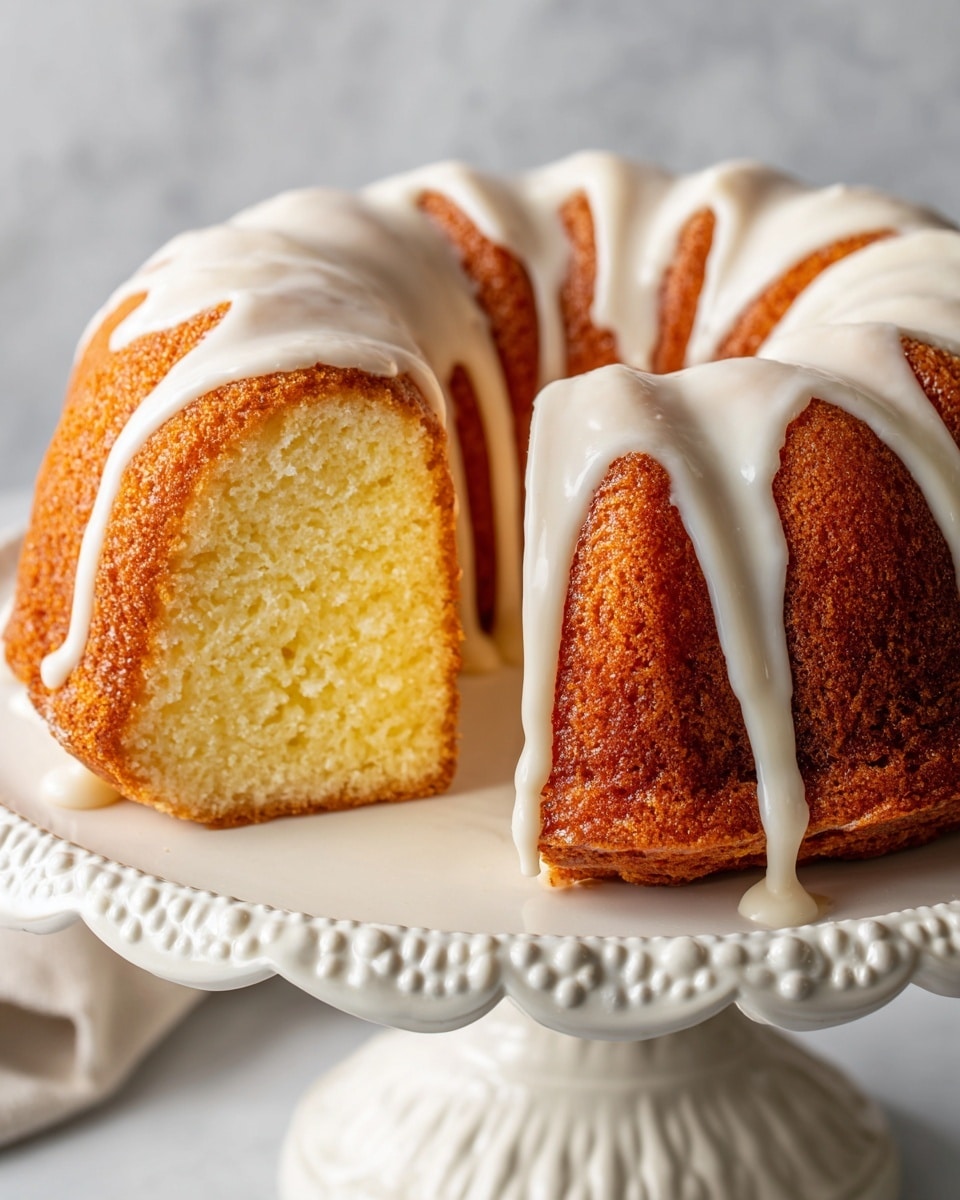 A Bundt cake with a smooth, light brown crust surrounds a soft, pale yellow inside. The cake has a ring shape with deep curved ridges. A thick layer of white icing drips over each ridge, covering the top and flowing down in thick streams. The cake is placed on a white, decorative cake stand with a lace-like edge, all set on a white marbled surface. One slice is cut out, showing the soft and moist texture inside. photo taken with an iphone --ar 4:5 --v 7