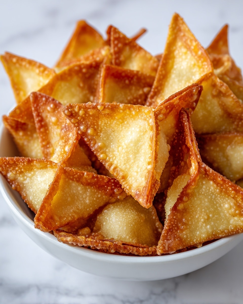 A white bowl filled with many small, golden-brown fried wontons. Each wonton has a crispy texture with small bubbles on the surface and is folded into a small triangular shape, with edges pinched together tightly. The bowl is placed on a white marbled surface. The light shows the crunchy texture and warm color of the fried wontons clearly. photo taken with an iphone --ar 4:5 --v 7