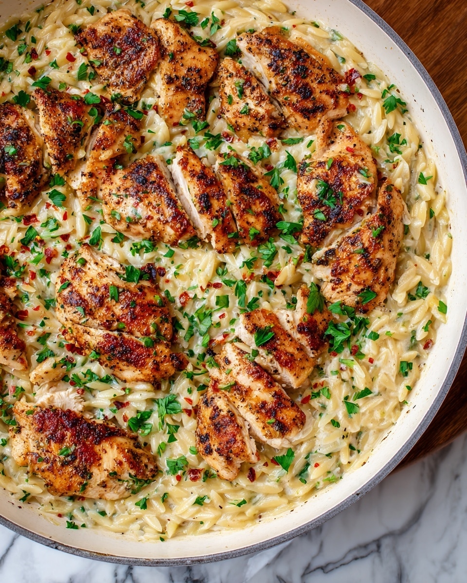 A close-up top view of a white pan filled with a creamy orzo pasta base that has a light yellow color mixed with small green herbs and bits of white cheese. On top, there are about ten pieces of browned, grilled chicken breast, seasoned with visible specks of black pepper and red chili flakes, scattered unevenly across the orzo. The chicken pieces are golden brown with a slightly crispy texture, and finely chopped fresh green parsley is sprinkled over the dish. The pan rests on a wooden surface with a white marbled texture background. photo taken with an iphone --ar 4:5 --v 7