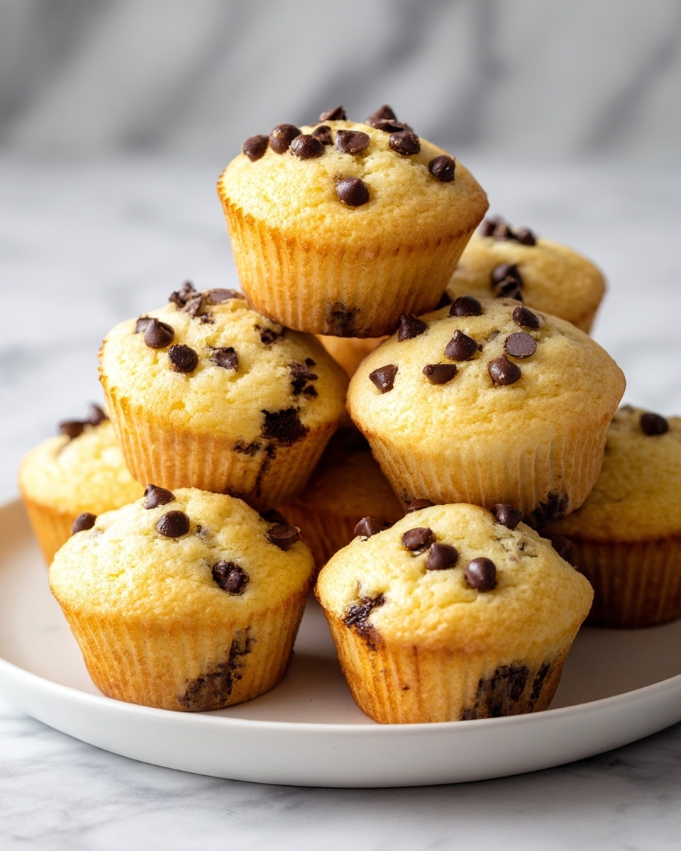A big pile of small muffins is shown on a white plate placed on a white marbled surface. Each muffin has a soft golden-brown top with visible small dark chocolate chips scattered throughout the light yellow cake. The muffins have textured sides from the baking cups, and the tops look slightly shiny, showing a light glaze. They are layered in a small mound, some leaning against each other, creating a cozy and inviting look. photo taken with an iphone --ar 4:5 --v 7