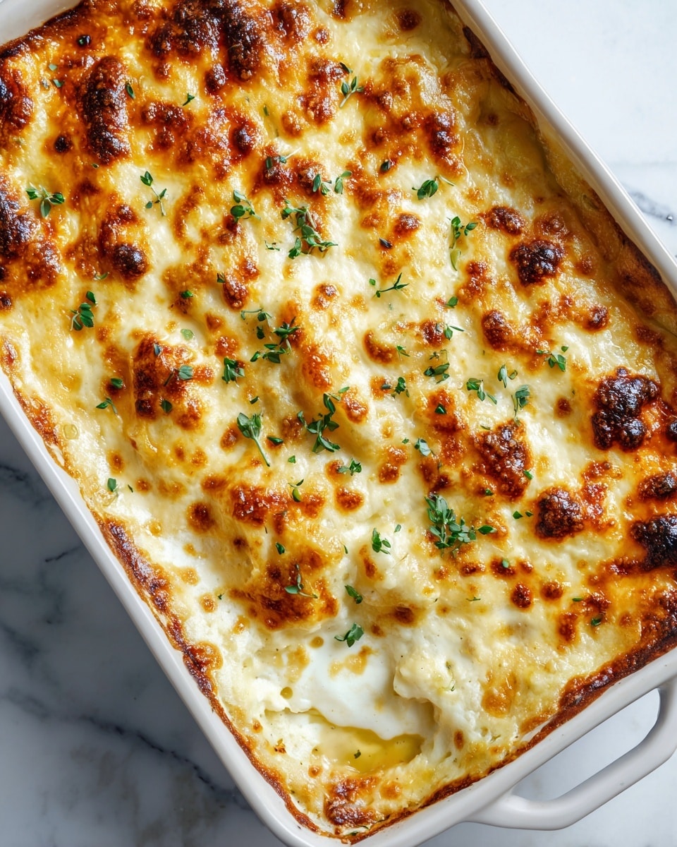 A white rectangular baking dish filled with three large chicken breasts topped with a golden brown melted cheese layer that is bubbly and slightly crispy at the edges. The cheese layer has green herb sprinkles scattered across it, adding a fresh contrast. The chicken sits in a light tan broth at the bottom of the dish, with some browned bits around the edges. The dish rests on a white marbled textured surface. photo taken with an iphone --ar 4:5 --v 7