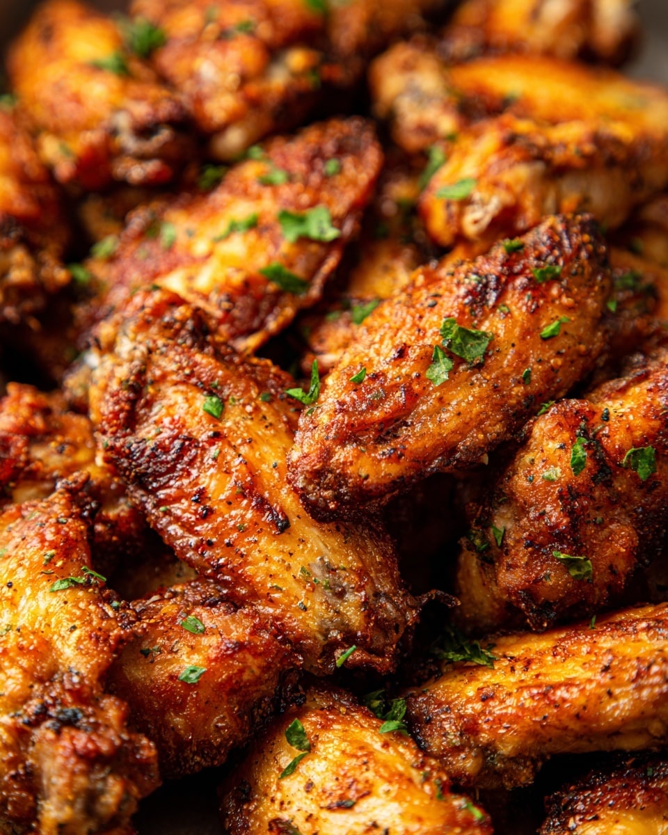 This image shows a close-up of many golden-brown crispy chicken wings piled closely together in a metal pan, with a few small pieces of green herbs scattered on top for garnish. The wings have a lovely mix of lighter and darker browns, with a textured surface showing the crisp skin and specks of seasoning. The edges of the wings look crunchy, and the meat underneath appears juicy. The background is not visible clearly, focusing all attention on the appetizing wings. photo taken with an iphone --ar 4:5 --v 7