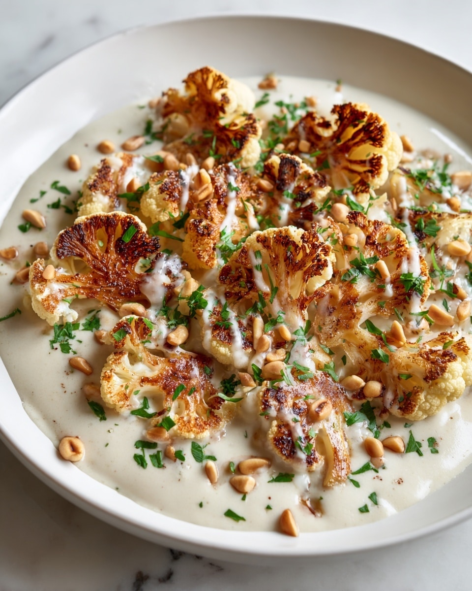 A white plate holds a creamy, smooth white sauce as the base layer, covering the bottom completely; on top, there's a heap of golden-brown roasted cauliflower florets with slightly charred edges, showing a rough texture; drizzled over the cauliflower is a light tan sauce adding a glossy finish; scattered across the dish are small, tan pine nuts and chopped fresh green herbs, giving pops of color, all set against a white marbled surface. photo taken with an iphone --ar 4:5 --v 7