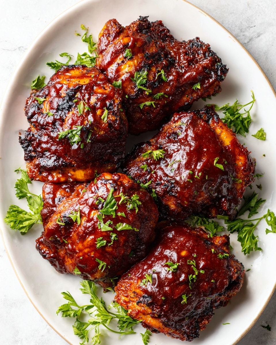 A white oval plate holds five pieces of grilled chicken thighs, each covered in a thick, shiny dark red barbecue sauce with slight char marks visible through the sauce. The chicken pieces are arranged closely together, some overlapping slightly. Small green chopped herbs are sprinkled on top and around the chicken, adding a fresh contrast to the rich sauce. The plate is set on a white marbled surface, visible at the edges. photo taken with an iphone --ar 4:5 --v 7