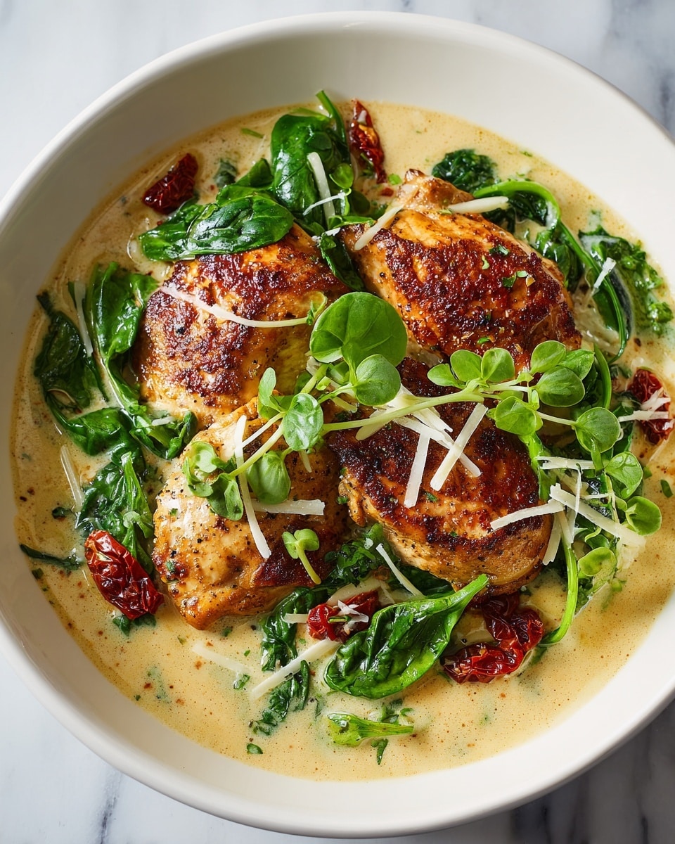 A white bowl filled with several pieces of pale golden-brown chicken covered in a thick, creamy beige sauce. The dish is layered with bright green spinach leaves and deep red sun-dried tomatoes scattered on top and around the chicken. Thin shreds of white cheese are sprinkled across the surface, with small fresh green herb leaves adding a touch of brightness. The creamy sauce pools slightly at the bottom, creating a rich texture contrast. The photo is close-up, showing the detailed textures of the chicken, sauce, spinach, and tomatoes against a white marbled texture background. photo taken with an iphone --ar 4:5 --v 7
