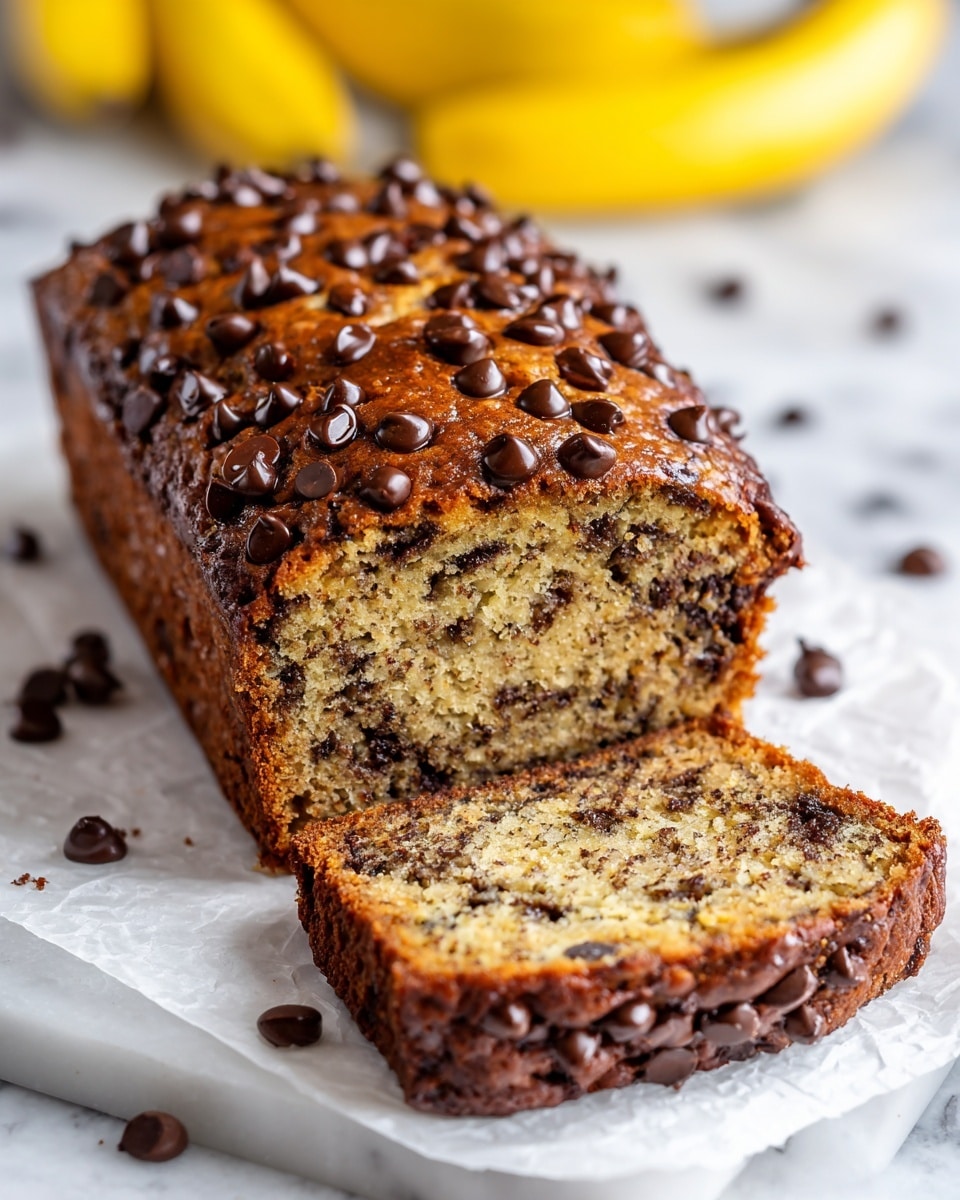 A loaf of banana bread with two thick slices cut from the front, showing a soft, moist inside filled with dark brown chocolate chips spread unevenly throughout and on the top. The bread has a golden-brown crust with a slightly cracked top and a textured, airy crumb inside. The banana bread rests on white parchment paper on a white marbled surface, with scattered chocolate chips around it. In the blurred background, a bunch of ripe yellow bananas is visible. Photo taken with an iphone --ar 4:5 --v 7