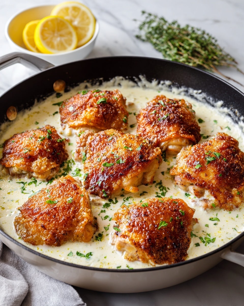 The image shows a white frying pan on a white marbled surface filled with eight golden brown chicken thighs with crispy skin. The chicken pieces are placed on top of a creamy white sauce that has small green chopped herbs scattered evenly throughout. In the background, there is a white bowl with lemon wedges and some green herbs. Soft natural light comes from a nearby window, lighting the dish warmly. Photo taken with an iphone --ar 4:5 --v 7