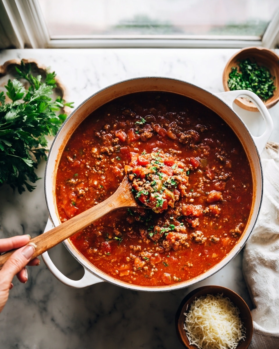 A white pot filled with a thick red tomato sauce containing ground meat and diced tomatoes, topped with finely chopped green herbs. A wooden spoon held by a woman's hand is lifting some of the sauce, showing the chunky texture. In the background, the scene includes a white marbled surface with small bowls containing grated cheese and more chopped herbs. Light is coming from a nearby window, adding natural brightness to the dish. photo taken with an iphone --ar 4:5 --v 7