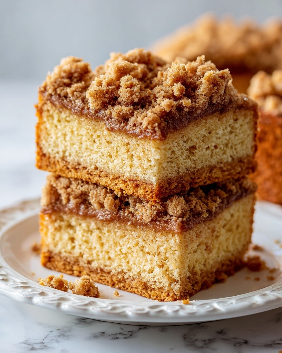 The image shows slices of crumb-topped coffee cake with two main layers. The bottom layer is a soft, light brown cake with a fine, moist texture, and the top layer is a thick, crumbly streusel topping with a rough, grainy texture in a golden brown color. The cake slices rest on a white plate with detailed edges, which is placed on a white marbled surface. The crumb topping looks uneven and chunky, with some crumbs scattered around the slices, adding to the homemade feel. photo taken with an iphone --ar 4:5 --v 7