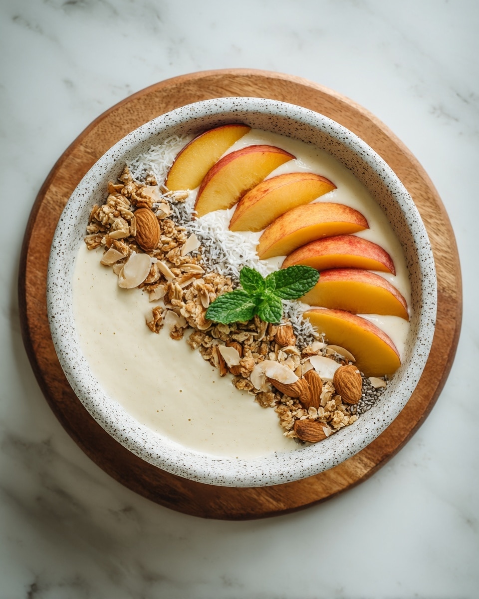 A white speckled bowl sits on a wooden round board over a white marbled surface, filled with a creamy peach-colored smoothie base. On top, there are six bright orange peach slices arranged in a fanned line along one side. Next to the peaches, a cluster of golden brown granola mixed with oats, almond pieces, coconut flakes, and small black chia seeds fills part of the bowl. A swirl of white yogurt or cream is gently mixed into the smoothie near the granola. A small fresh green mint leaf sprig sits in the center as a garnish. Photo taken with an iphone --ar 4:5 --v 7