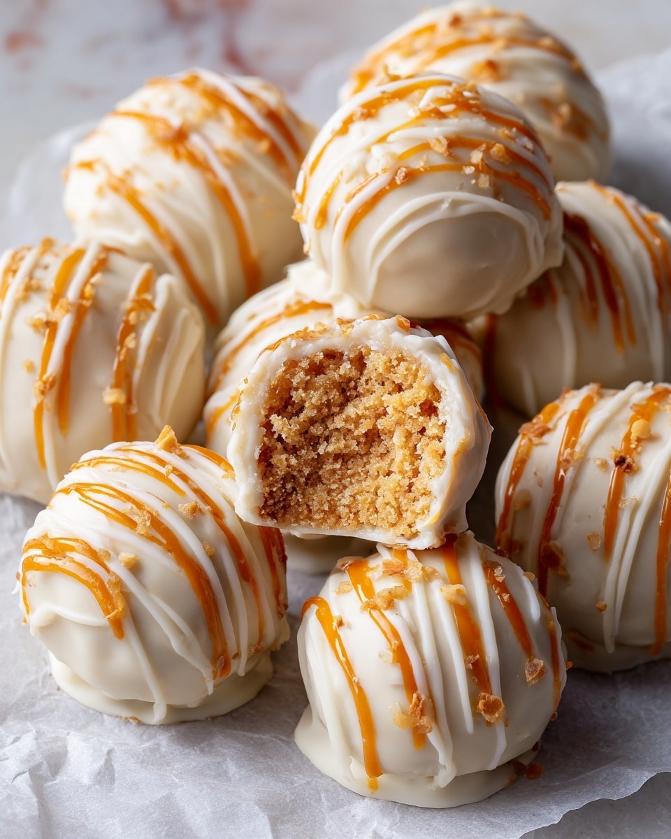 The image shows several round cake balls covered in smooth, white coating with bright orange drizzle on top, creating thin lines that wrap around each ball. One cake ball is broken open, revealing a dense, crumbly golden brown inside, which forms the inner layer. The balls are placed closely together on a white marbled surface with soft lighting highlighting their glossy outer layer and textured middle. Photo taken with an iphone --ar 4:5 --v 7