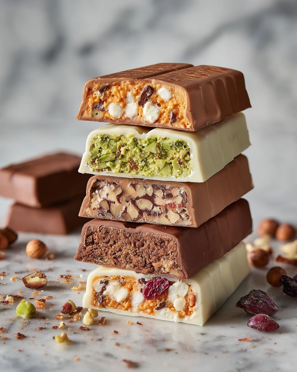 A stack of five chocolate bars is shown, each bar cut in half to reveal its unique filling. From top to bottom: the first bar has a light brown chocolate shell with a crunchy light orange filling mixed with white puffed pieces and red berry bits. The second bar has a milk chocolate shell with a thick, green, textured filling. The third bar shows a milk chocolate shell with a dense brown filling containing nuts. The fourth bar has a white chocolate shell with an orange crunchy filling inside. The bottom bar matches the top bar with the light brown chocolate shell and orange filling with white puffs and red berries. The bars are on a white marble surface, sprinkled with nuts and crumbs. In the background, a blurred chocolate piece rests on the same white marble texture. photo taken with an iphone --ar 4:5 --v 7