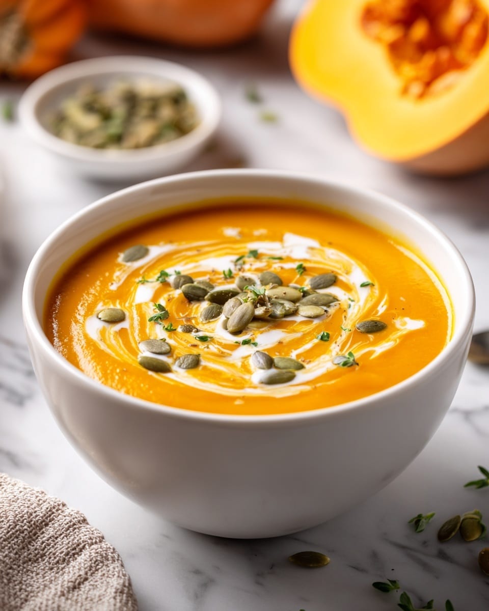 A white bowl filled with smooth, bright orange pumpkin soup is placed on a white marbled surface. The soup has a creamy swirl of light cream in the center topped with scattered green pumpkin seeds. In the background, half of a butternut squash and a small white dish with extra pumpkin seeds sit slightly blurred. The lighting highlights the shiny texture of the soup and the fresh ingredients around it. photo taken with an iphone --ar 4:5 --v 7