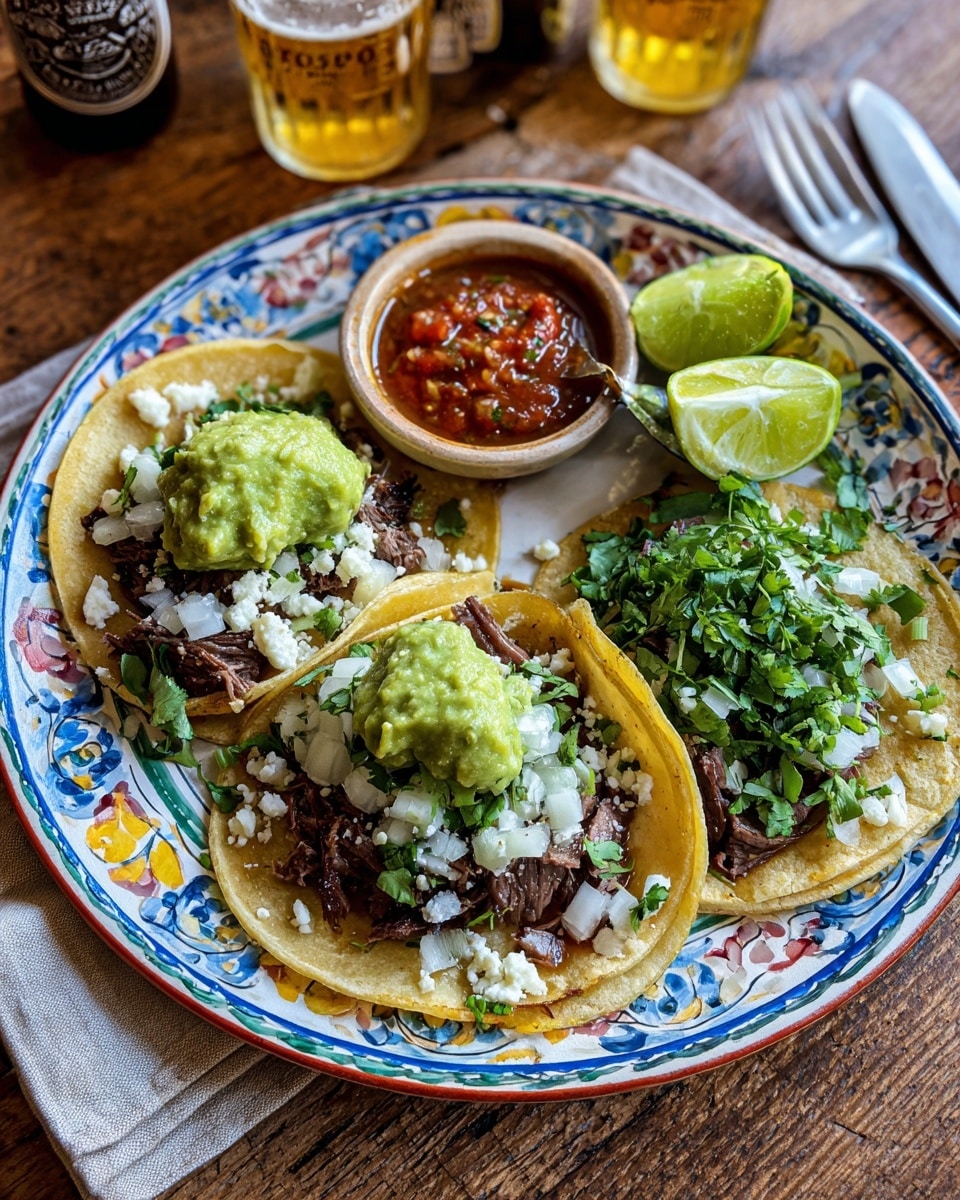 A white plate with blue decorative patterns holds three street-style tacos made of soft corn tortillas, each taco filled with small chunks of grilled beef at the bottom, topped with finely chopped white onions, fresh green cilantro, crumbled white cheese, and a drizzle of green salsa and reddish-brown sauce, arranged side by side at the center of the plate. Garnishing the plate, on the left side, is a small bowl with two lime wedges, while on the right side, fresh chopped green cilantro and a lime wedge sit beside the tacos. A silver fork rests on a beige cloth napkin near the plate, and in the background, two bottles, one with orange soda and another with light beer, sit on a rustic wooden table against a white marbled surface, with blurred figures and colorful walls visible further behind. Photo taken with an iphone --ar 4:5 --v 7