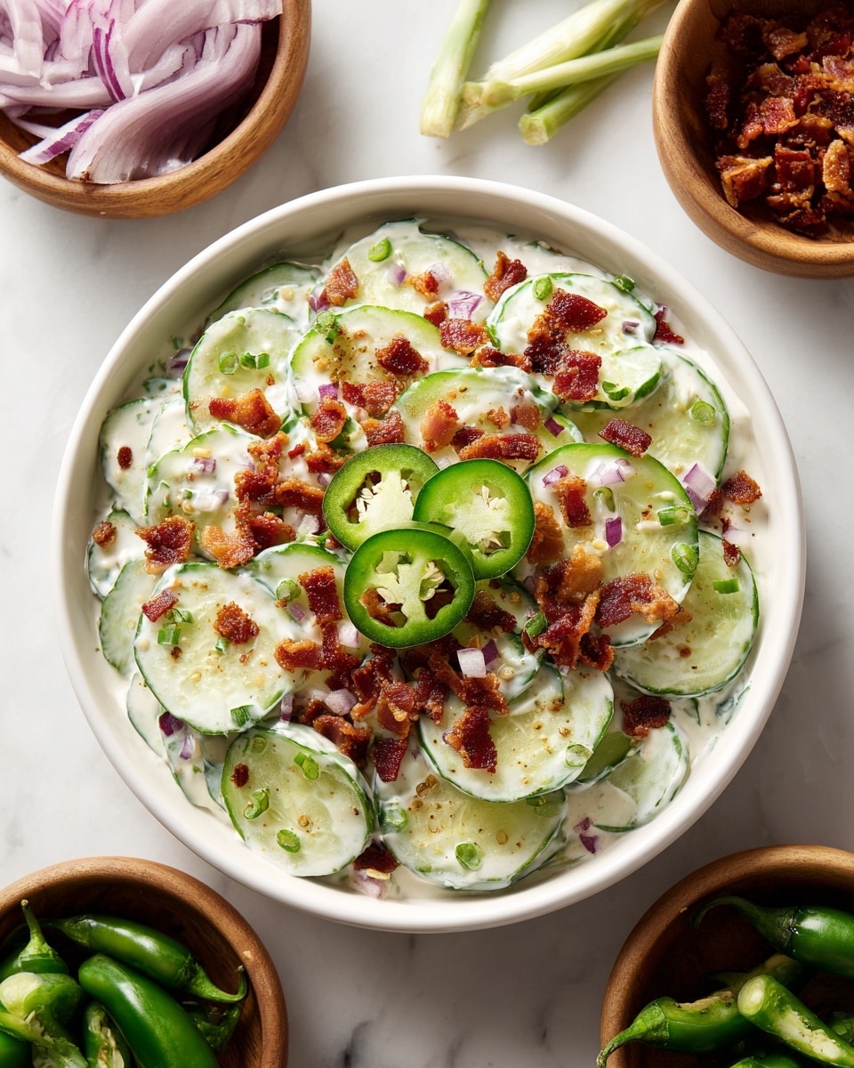 A white bowl filled with thin cucumber slices that form the main layer, coated with a creamy white dressing mixed with small pieces of red onion and green jalapeño. On top of the cucumbers, there are crispy bacon bits scattered all over, along with a few slices of fresh green jalapeño placed neatly in the center. The bowl sits on a white marbled surface, surrounded by small wooden bowls holding more red onions and bacon pieces, and whole green jalapeños nearby. photo taken with an iphone --ar 4:5 --v 7