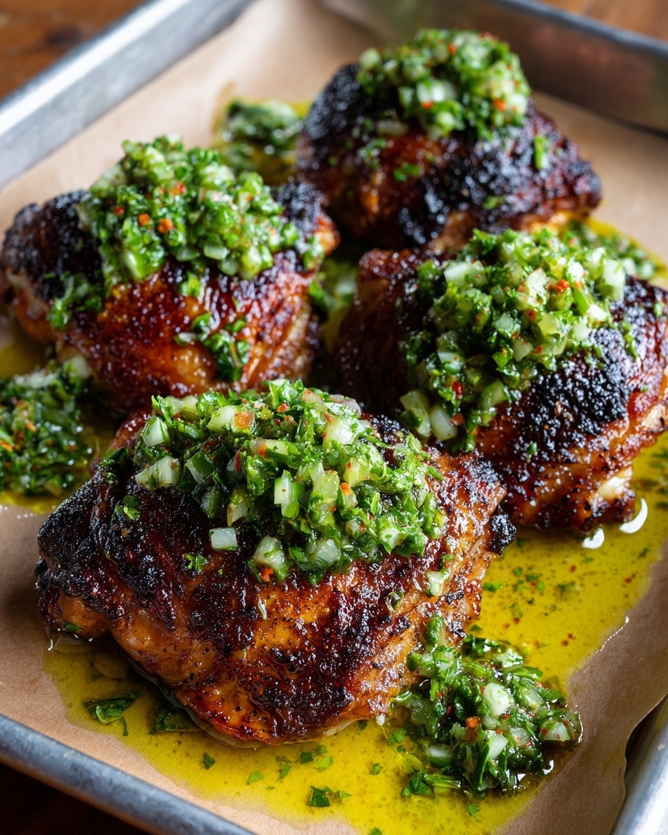Four pieces of grilled chicken thighs with a dark, crispy, and charred skin covered in a green sauce made from finely chopped herbs, onions, and oil. The chicken rests inside a metal tray lined with parchment paper soaked in golden oil mixed with the sauce, creating a shiny base. The combination of the charred brown and black, bright green herbs, and translucent white onions gives a fresh and rich look. The tray is placed on a white marbled texture. photo taken with an iphone --ar 4:5 --v 7