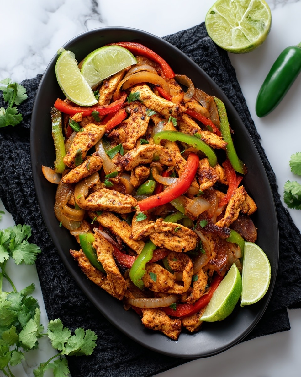 A black oval plate holds a colorful mixture of cooked chicken strips and sautéed bell pepper slices, with red and green peppers layered throughout. The chicken pieces are a golden brown with a slightly crispy texture, lightly coated in spices and mixed with caramelized onions. Around the edges of the plate are several bright green lime wedges adding a fresh touch. The plate is set on a dark purple cloth over a white marbled surface, with fresh cilantro and whole green jalapeños arranged nearby, enhancing the vibrant presentation. Photo taken with an iphone --ar 4:5 --v 7