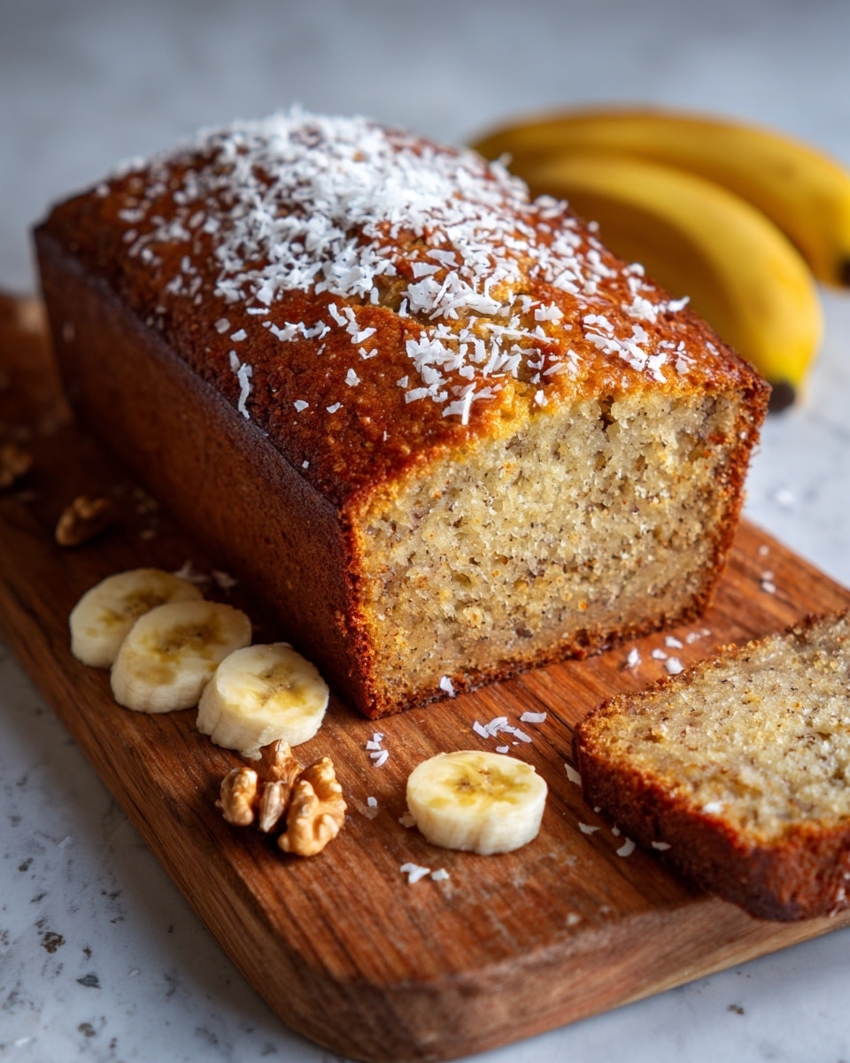 A loaf of banana bread with a golden brown crust is sliced to show its soft, light beige inside with small dark specks of banana and nuts. The bread sits on a wooden board along with walnut halves and banana slices next to it. The top of the bread is sprinkled with white sugar crystals. The background is a white marbled texture. Photo taken with an iphone --ar 4:5 --v 7