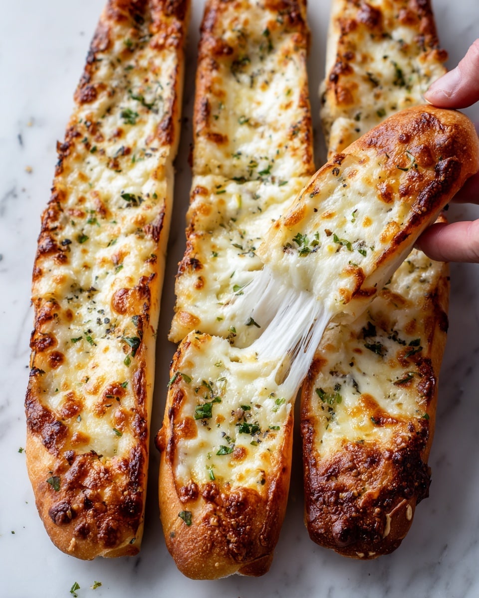 The image shows close-up of four cheesy breadsticks on a white marbled surface. Each breadstick has a golden brown crust speckled with green herbs and black pepper. The breadsticks are rectangular with soft, bubbly dough visible beneath a layer of melted, stretchy light yellow cheese that has browned slightly in spots. The cheese is sprinkled with chopped green herbs, adding texture and color contrast. One breadstick is pulled slightly away from the others, showing the long strings of melted cheese stretching between them. photo taken with an iphone --ar 4:5 --v 7