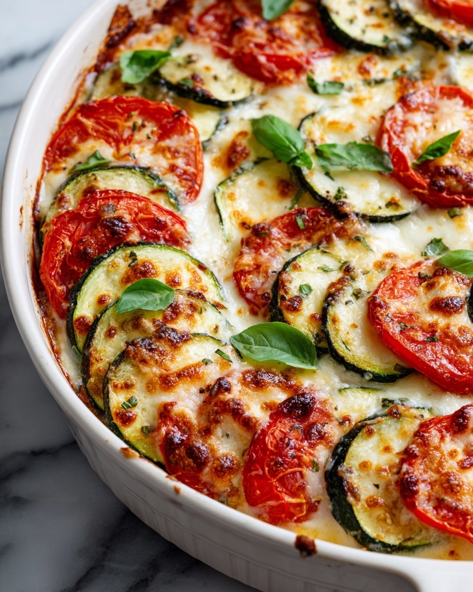This image shows a white round baking dish filled with a layered vegetable bake. The bottom layer consists of cooked green zucchini slices, topped with bright red tomato slices arranged in a tight circle. Over these, there is a generous layer of melted, slightly browned mozzarella cheese that covers each tomato slice almost completely, with some parts bubbling and stringy. Scattered fresh green basil leaves sit on top, adding a burst of color. The edges of the dish show some baked-on browned bits, adding texture. The dish is placed on a white marbled surface. photo taken with an iphone --ar 4:5 --v 7