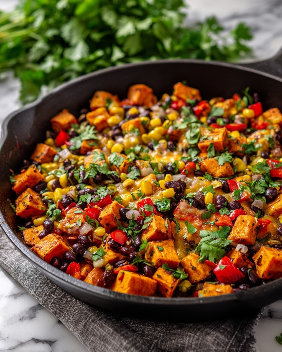 A black skillet filled with cooked diced orange sweet potatoes, black beans, yellow corn, and red bell pepper pieces mixed evenly as the main layer. Melted white cheese is scattered in patches on top, slightly browned in places, with a generous sprinkle of fresh green cilantro covering the surface. The skillet sits on a dark cloth with green cilantro leaves blurred in the white marbled background. The colors are warm and vibrant, showing a mix of soft, roasted, and fresh textures. photo taken with an iphone --ar 4:5 --v 7