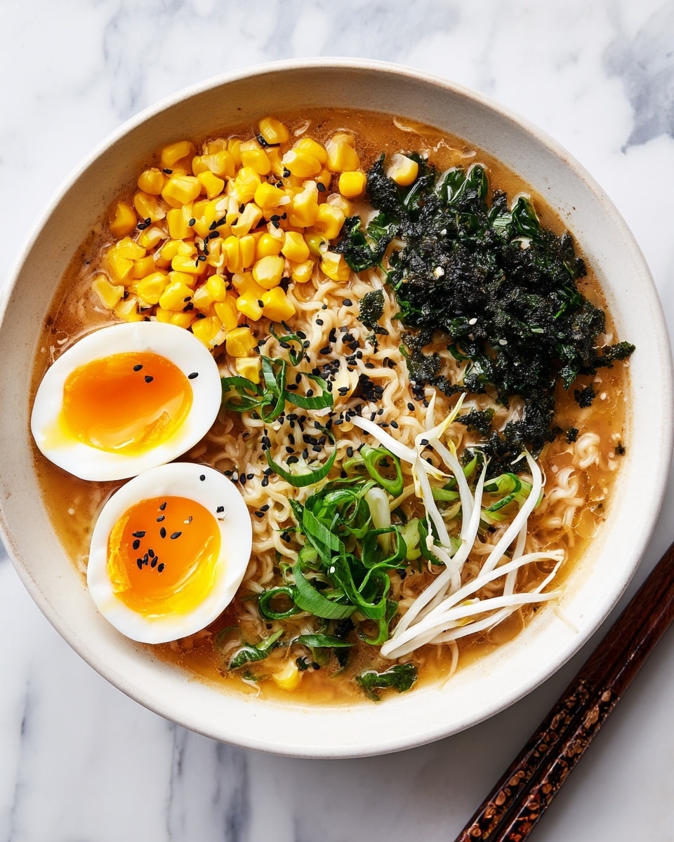 A white bowl filled with creamy orange broth and light yellow ramen noodles sits on a white marbled surface. On top, there are three main sections: bright yellow corn kernels on the upper left, a pile of dark green seaweed next to it, and fresh light green chopped scallions in the center. Two halves of a soft-boiled egg with golden yolks and white edges rest on the lower left side, sprinkled with black sesame seeds. To the right of the scallions, a small bunch of white bean sprouts leans gently over the noodles. The whole dish is lightly sprinkled with white and black sesame seeds. On the right side of the bowl lie a pair of wooden chopsticks with dark tips. photo taken with an iphone --ar 4:5 --v 7