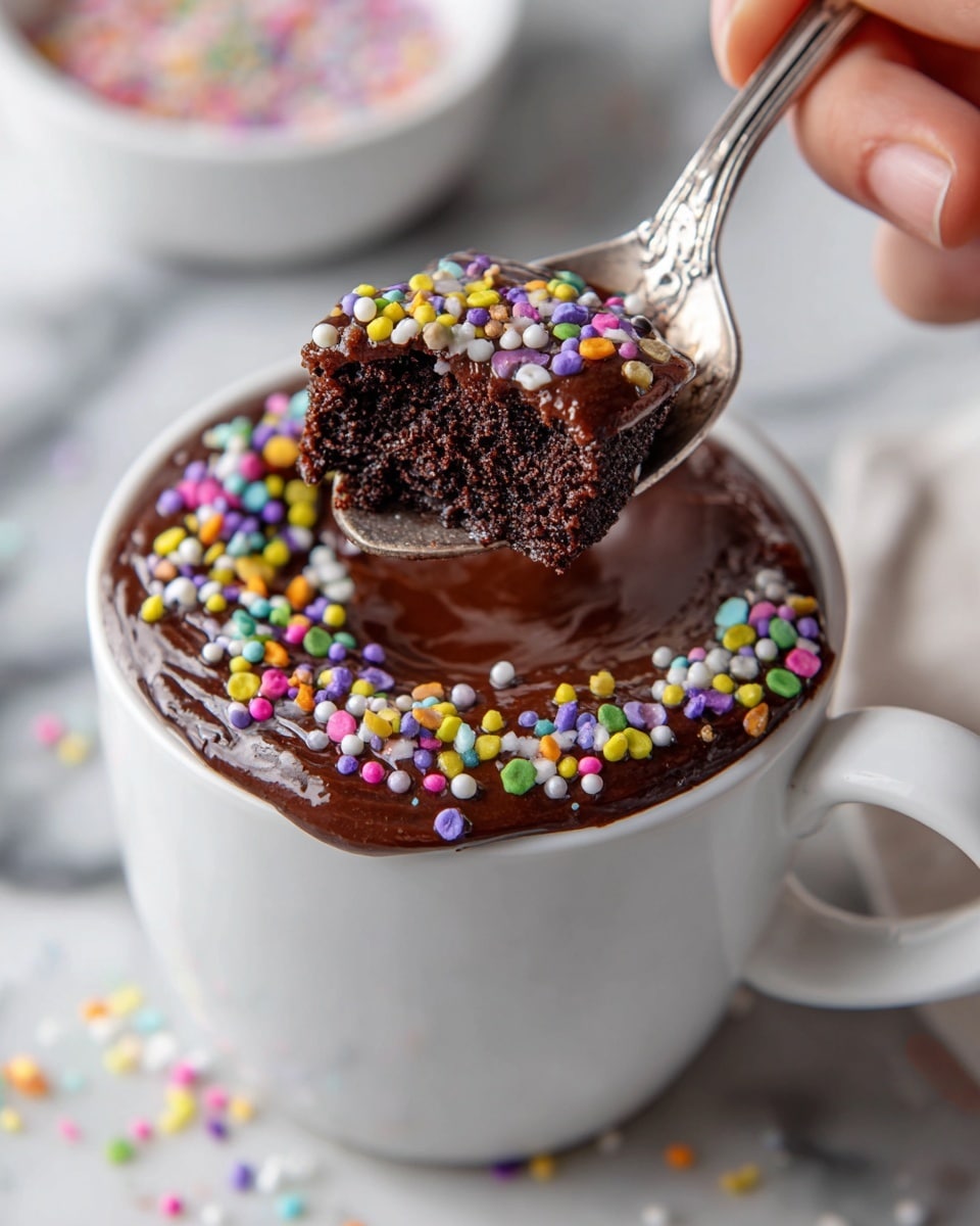 A white ceramic mug filled with a rich, dark chocolate cake base topped with a thick layer of smooth, glossy chocolate frosting sprinkled with small, round, colorful confetti sprinkles in shades of yellow, pink, green, purple, blue, and white. A woman's hand holding a vintage silver spoon lifts a spoonful of the cake, showing the moist, dense cake underneath the frosting. The mug is placed on a white marble surface with scattered colorful sprinkles and a blurred white bowl of more sprinkles in the background. photo taken with an iphone --ar 4:5 --v 7
