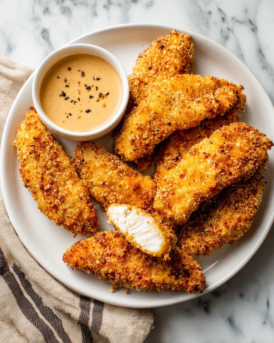 A white plate is filled with crispy golden-brown fried chicken tenders, seven pieces in total, with one tender cut in half showing the juicy white meat inside. To the side of the chicken, there is a small white bowl filled with creamy light orange dipping sauce. The plate is on a white marbled surface with a cloth napkin partially visible beneath it. The chicken has a crunchy texture with small black pepper flakes scattered on top. photo taken with an iphone --ar 4:5 --v 7