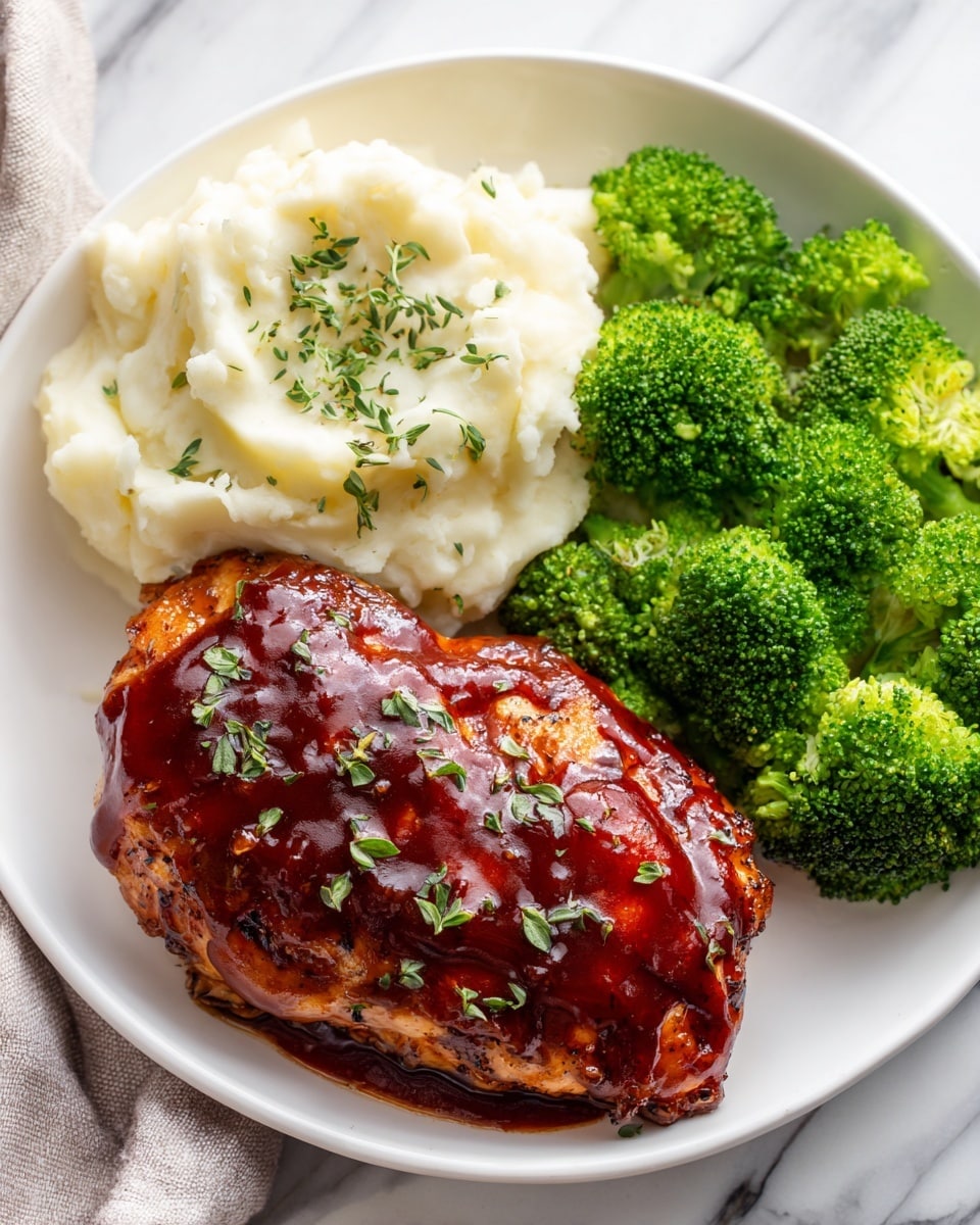A white plate holds a meal with three main parts: a large piece of chicken breast covered in shiny, dark red barbecue sauce and sprinkled with small green herb leaves on top, a generous scoop of creamy, white mashed potatoes with a smooth and fluffy texture placed behind the chicken, and next to the mashed potatoes, bright green steamed broccoli florets with a slightly shiny, fresh surface. The plate is set on a white marbled surface. Photo taken with an iphone --ar 4:5 --v 7