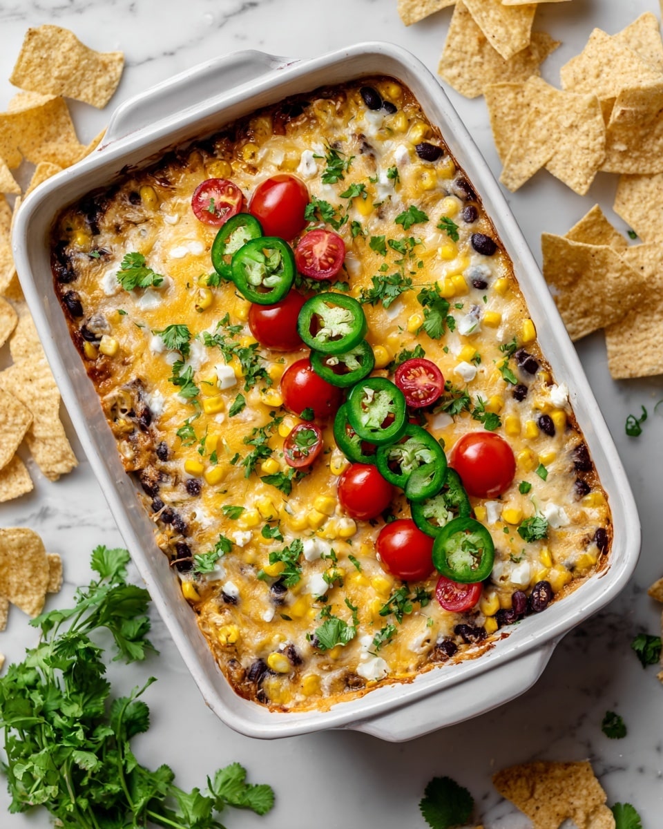 A rectangular white baking dish filled with a layered casserole showing a mix of melted yellow and white cheese on top, with visible black beans and corn pieces spread throughout the cheesy surface. The middle is decorated with a line of fresh green jalapeño slices, red cherry tomato halves, chopped green herbs, and scattered broken light beige tortilla chips. The edges of the dish are slightly browned from baking. The dish sits on a white marbled textured surface with some tortilla chips and cilantro leaves around it. Photo taken with an iphone --ar 4:5 --v 7