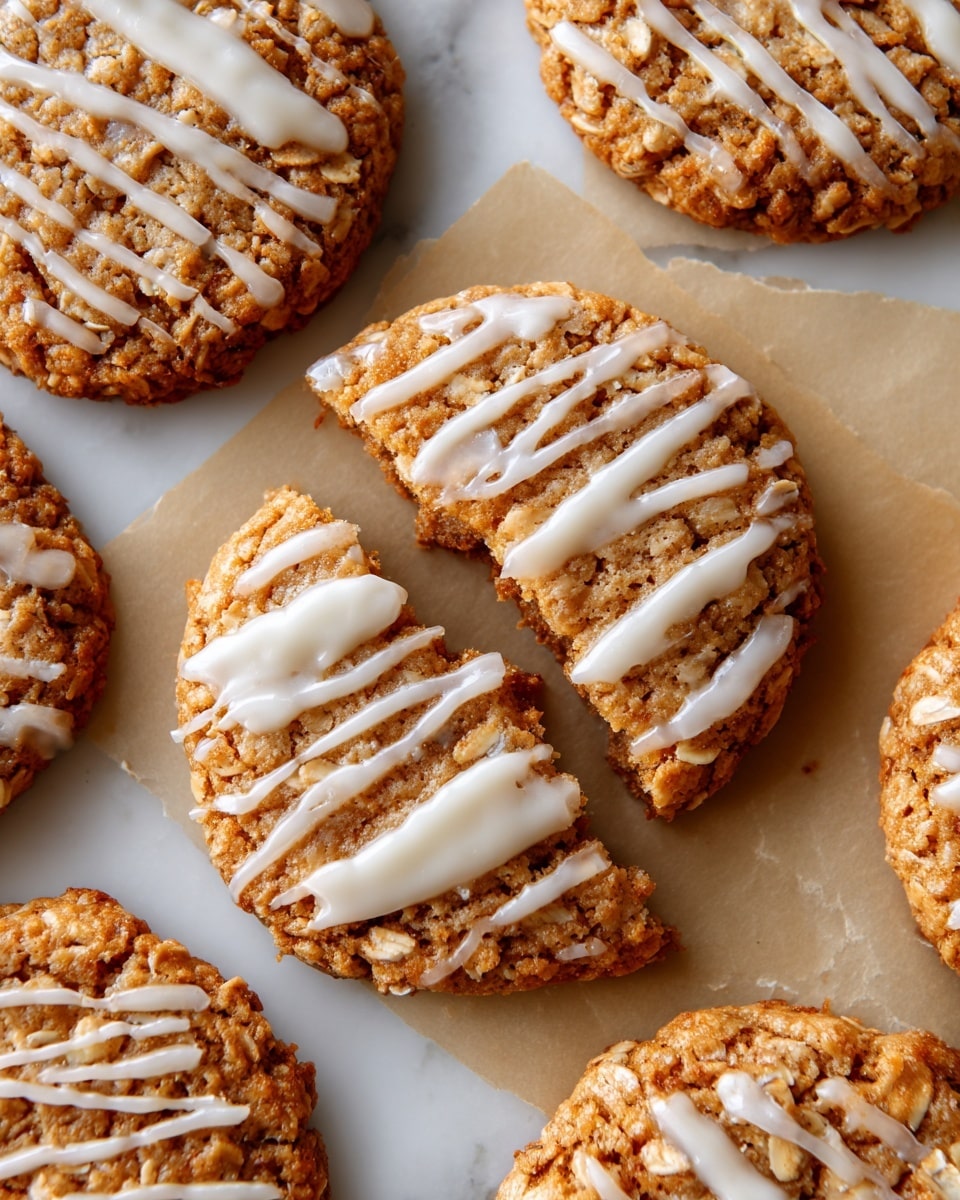A close-up image of round oatmeal cookies on brown parchment paper over a white marbled surface; each cookie has a rough, grainy texture with visible oats and a light brown color, topped with delicate white icing drizzled in thin irregular lines across the top, creating a contrast in texture and color. Photo taken with an iphone --ar 4:5 --v 7