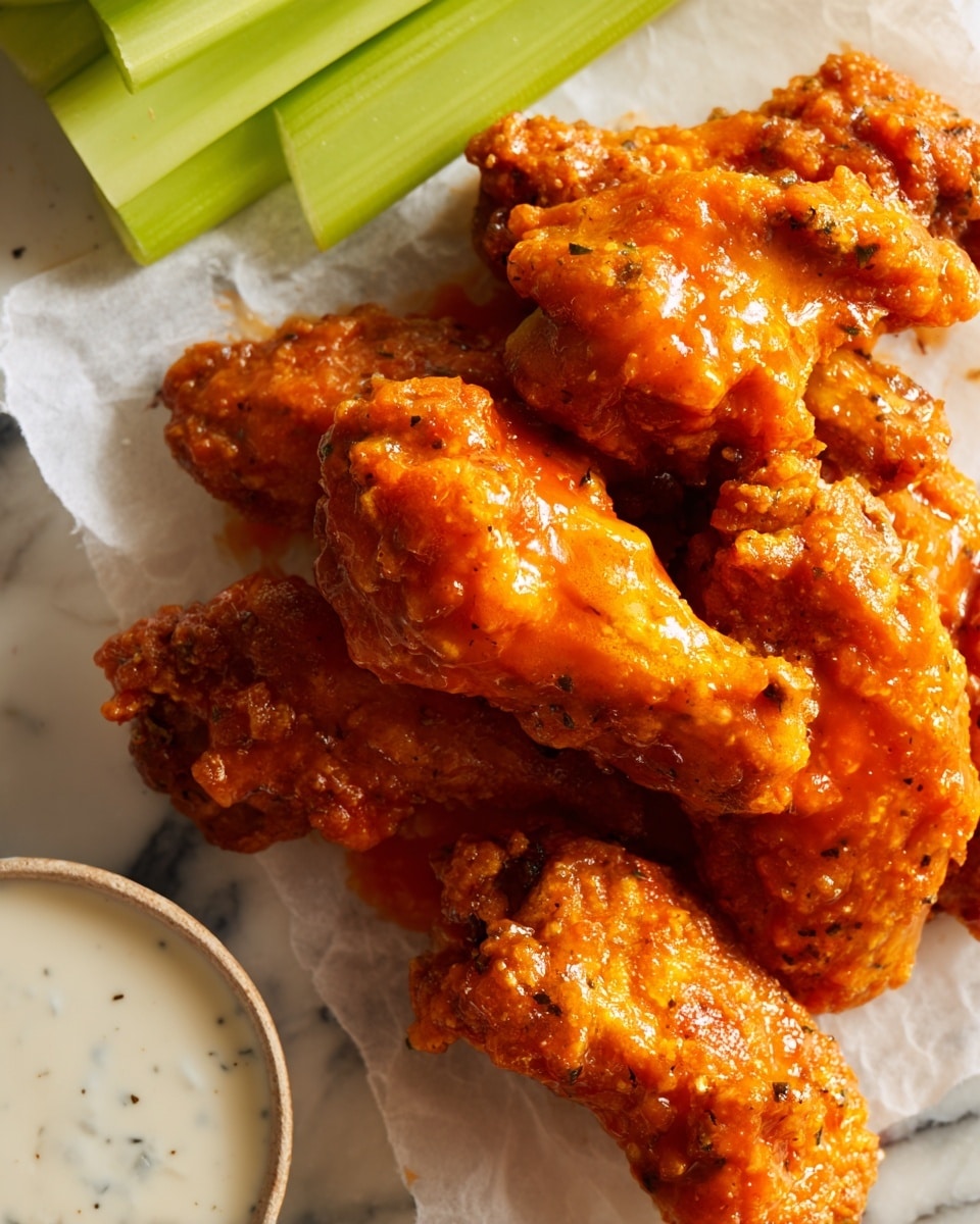 This image shows a close-up of several crispy chicken wings coated in a glossy, bright orange sauce, stacked irregularly on white parchment paper. To the top left, there are light green celery sticks with smooth texture arranged side by side, and at the bottom left corner, a small part of a white bowl filled with creamy ranch dressing with a slightly speckled surface is visible. The whole scene is set on a white marbled surface with warm lighting that highlights the shine and texture of the wings. Photo taken with an iphone --ar 4:5 --v 7
