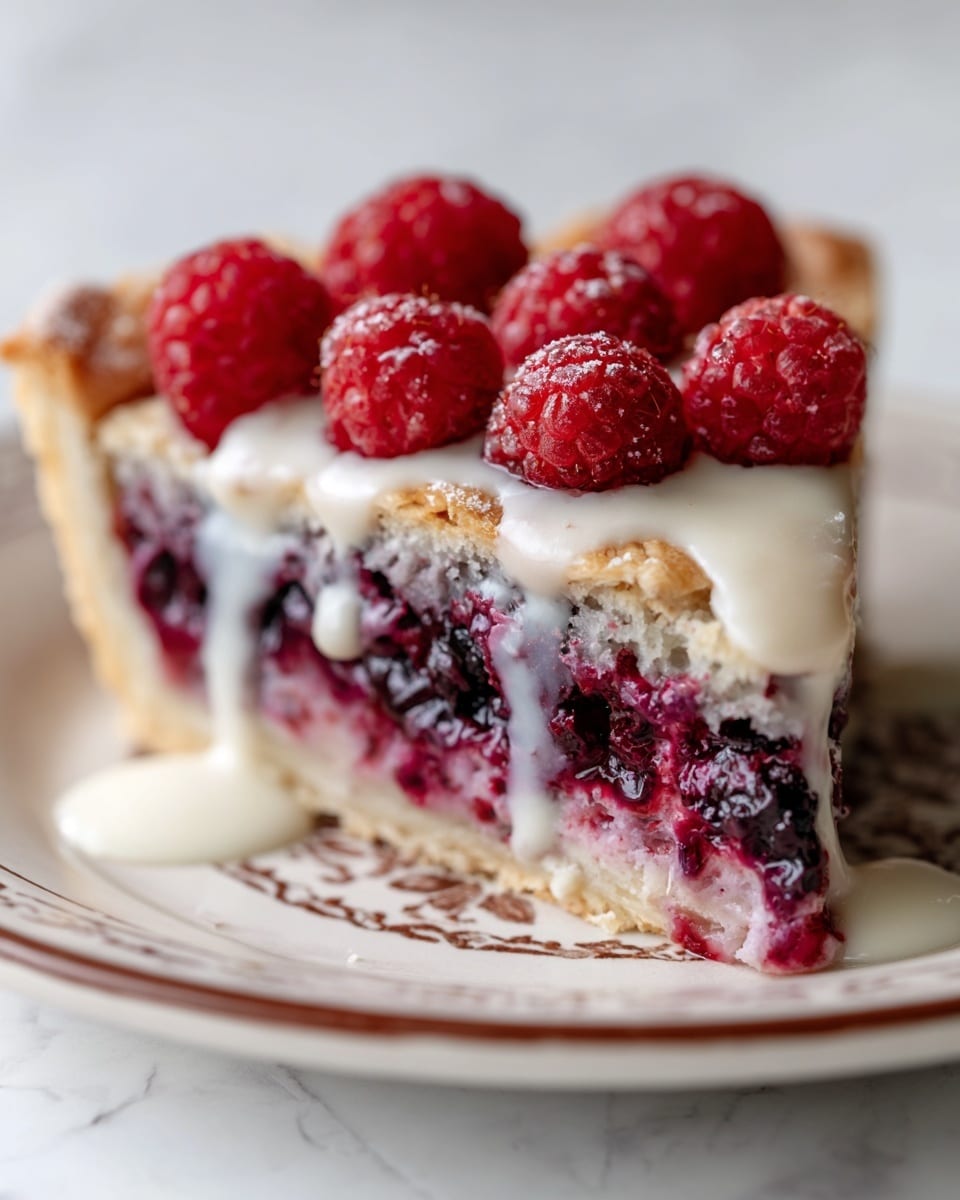 A close-up of a pastry cut in half placed on a white plate with brown patterns on the edge, set on a white marbled surface. The pastry has three layers: a light golden-brown flaky crust on the outside, a thick middle layer filled with deep purple mixed berry compote showing visible seeds and juicy texture, topped with a creamy white sauce that drips slightly down the sides. On top of the pastry, there are six fresh, bright red raspberries arranged casually. The image captures the moist texture of the filling and the smooth shine of the sauce. Photo taken with an iphone --ar 4:5 --v 7