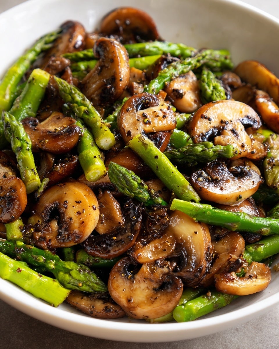 A white bowl filled with a mix of sautéed mushrooms and asparagus. The mushrooms are sliced and cooked to a golden brown with a shiny, slightly oily texture, showing dark edges and specks of black pepper. The asparagus stalks are whole, bright green, and scattered throughout the mushrooms, adding a fresh contrast in color and texture. The mix looks glossy and well-seasoned, with the mushrooms forming the bulk in the middle and the asparagus layered on top and around. photo taken with an iphone --ar 4:5 --v 7