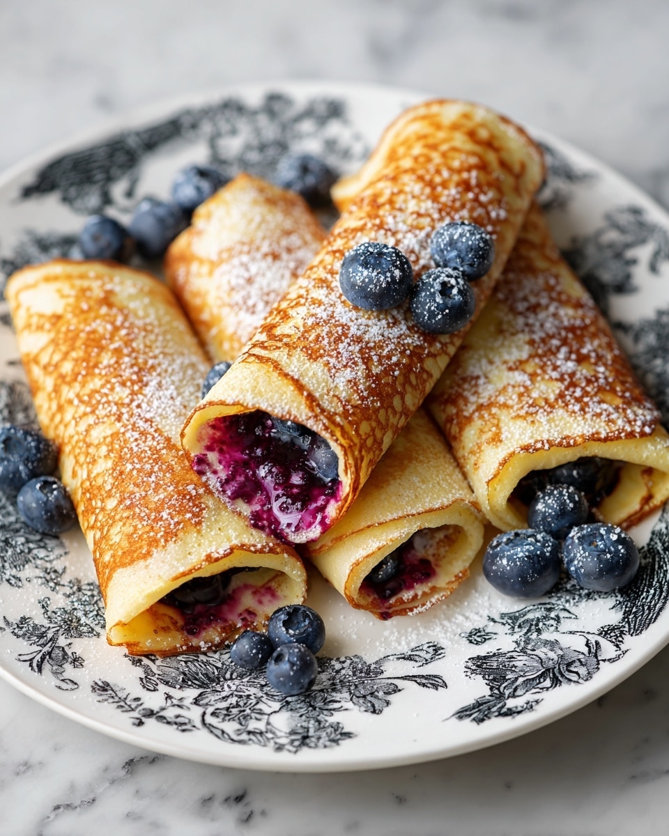 Four golden-brown rolled crepes sit closely on a white plate with black floral patterns, one of the crepes cut open to show a thick, deep purple blueberry filling inside smooth, thin layers of crepe. The crepes are dusted with a light layer of powdered sugar, and several fresh whole blueberries are scattered around on the plate. The white plate rests on a white marbled surface, highlighting the rich colors and textures of the crepes and blueberries. photo taken with an iphone --ar 4:5 --v 7
