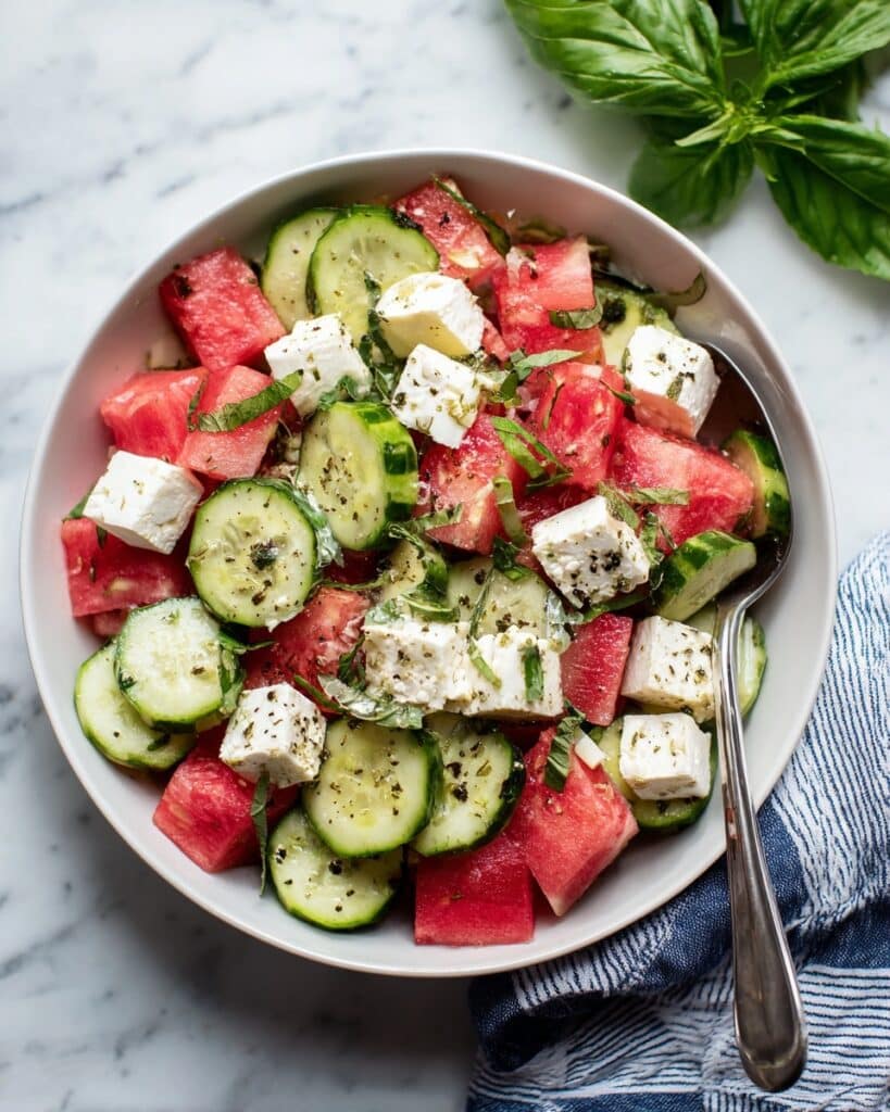 Watermelon Cucumber Salad with Feta and Mint Recipe