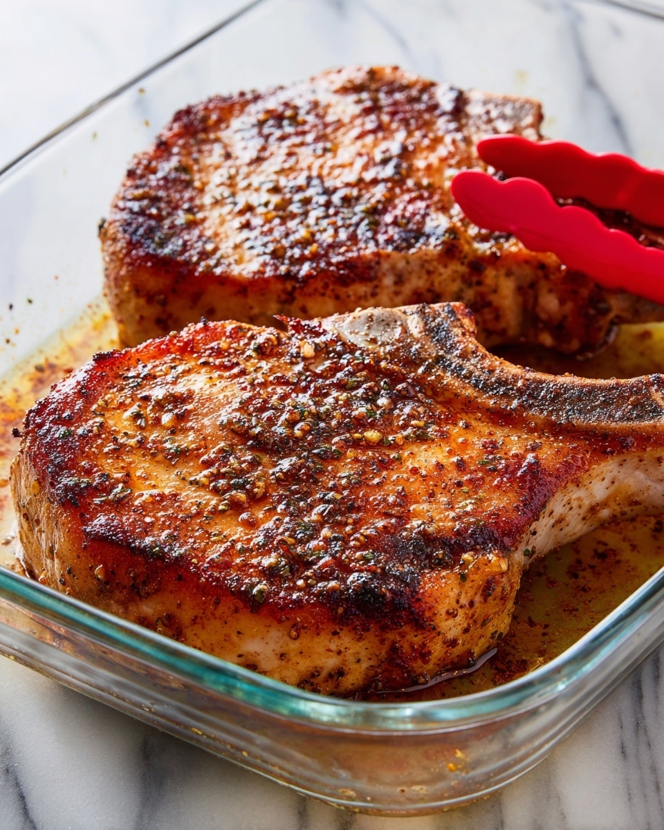 Two thick pork chops are cooked and placed inside a clear glass tray. Each chop has a browned and slightly crispy surface with visible black pepper and reddish seasoning specks. The texture looks juicy with some oil or glaze reflecting light across the top. One chop is being held or lifted slightly by red tongs on the right side. The glass tray is sitting on a white marbled surface. photo taken with an iphone --ar 4:5 --v 7