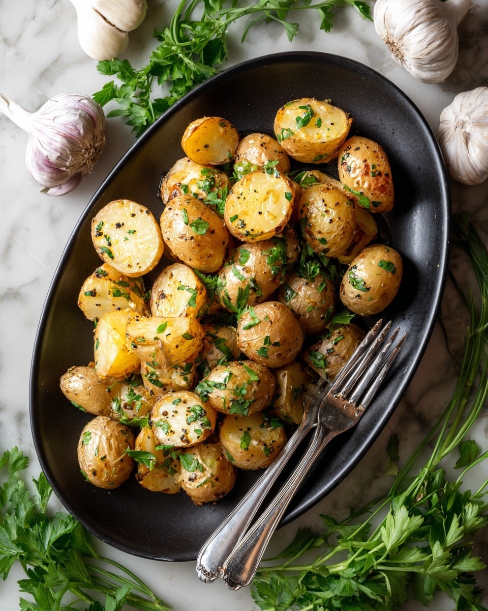 A black oval plate filled with roasted baby potatoes, cut mostly in halves showing their creamy yellow inside and golden brown, crispy skin. The potatoes are seasoned with black pepper and finely chopped green herbs scattered on top. Two shiny silver forks rest on the right side of the plate slightly buried under the potatoes. In the top left corner, there are a few whole garlic bulbs, and in the top right corner, green leafy herbs, all set on a white marbled surface with a checkered cloth underneath the plate. photo taken with an iphone --ar 4:5 --v 7