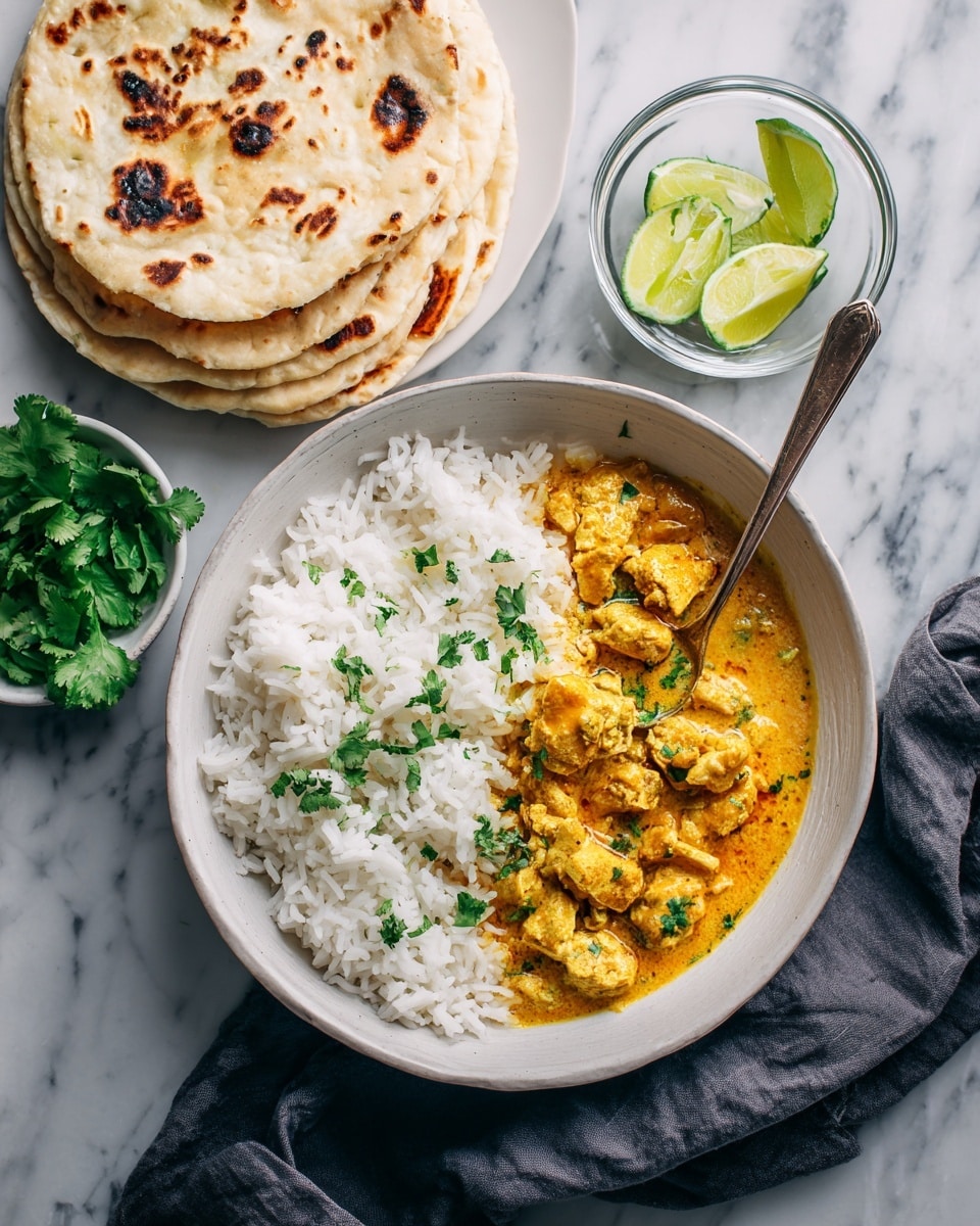 A white bowl is divided into two parts, one half filled with white cooked rice with a fluffy texture and the other half filled with a creamy orange curry containing chunks of chicken sprinkled with small green herb pieces. A silver spoon rests on the bowl’s right side, partially in the curry. To the left, there is a stack of round naan bread with golden brown spots on top of a white pot handle. Above the bowl, there is a small clear glass bowl holding lime wedges with green rinds and light green flesh. At the bottom left corner, there is a white dish with fresh green cilantro leaves. The entire scene is set on a white marbled texture surface, with a dark gray cloth underneath the spoon. Photo taken with an iphone --ar 4:5 --v 7