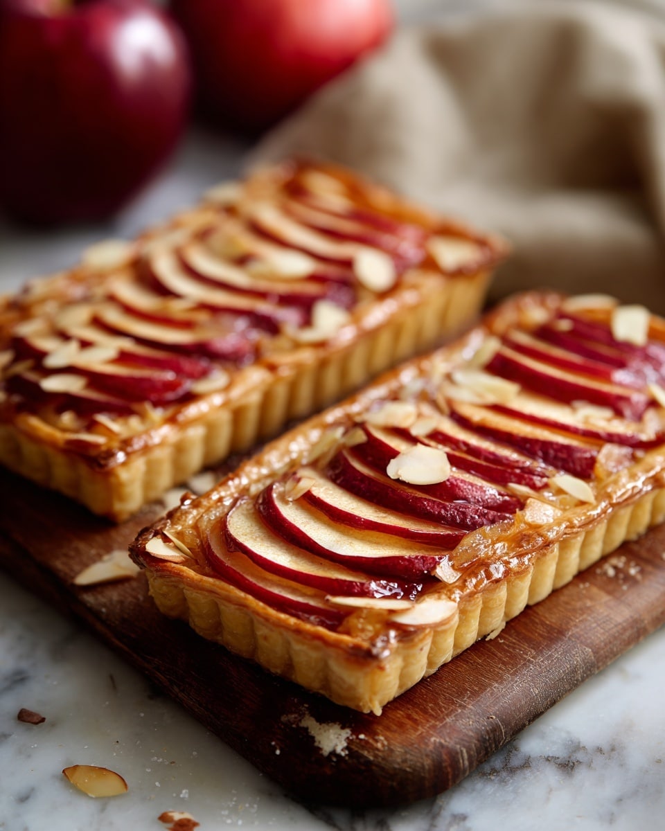 The image shows a close-up of a puff pastry tart on a wooden board with a white marbled texture beneath. The tart has two visible layers: a golden-brown, flaky puff pastry base topped with thin, shiny slices of apple arranged in a row that cover most of the pastry surface. Thin, light beige almond slices are scattered on top and around the edges of the tart. In the background, there is a bright red apple partially visible, and a beige cloth is draped casually behind the tart, adding a soft texture contrast. Photo taken with an iphone --ar 4:5 --v 7