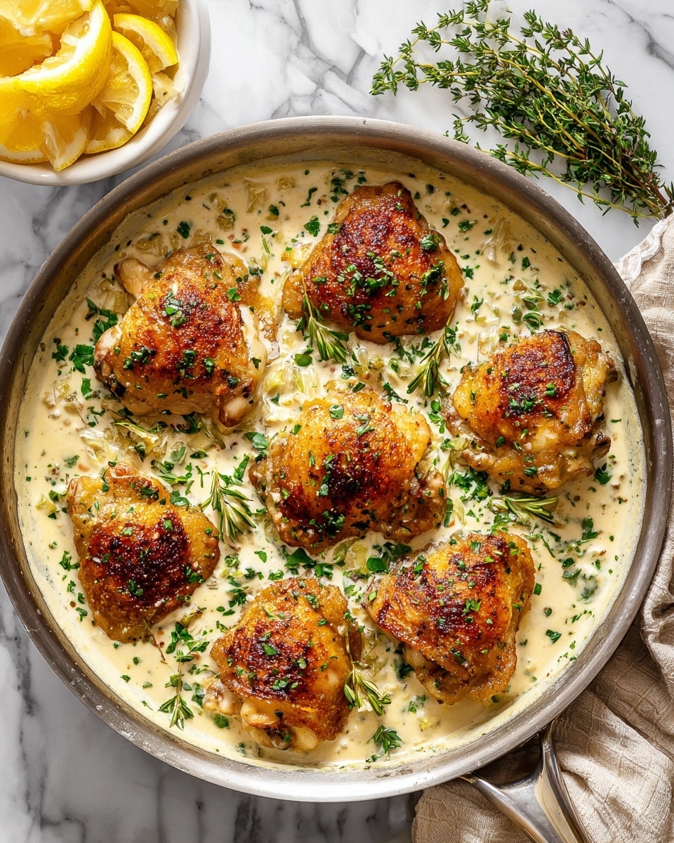 A pan filled with eight pieces of golden brown crispy chicken thighs arranged on top of a creamy white sauce mixed with green herbs. The chicken skin is textured and crunchy looking, while the creamy sauce beneath has a smooth and thick texture dotted with small chopped green parsley. in the background is a white bowl holding lemon wedges and sprigs of fresh thyme on a white marbled surface. photo taken with an iphone --ar 4:5 --v 7