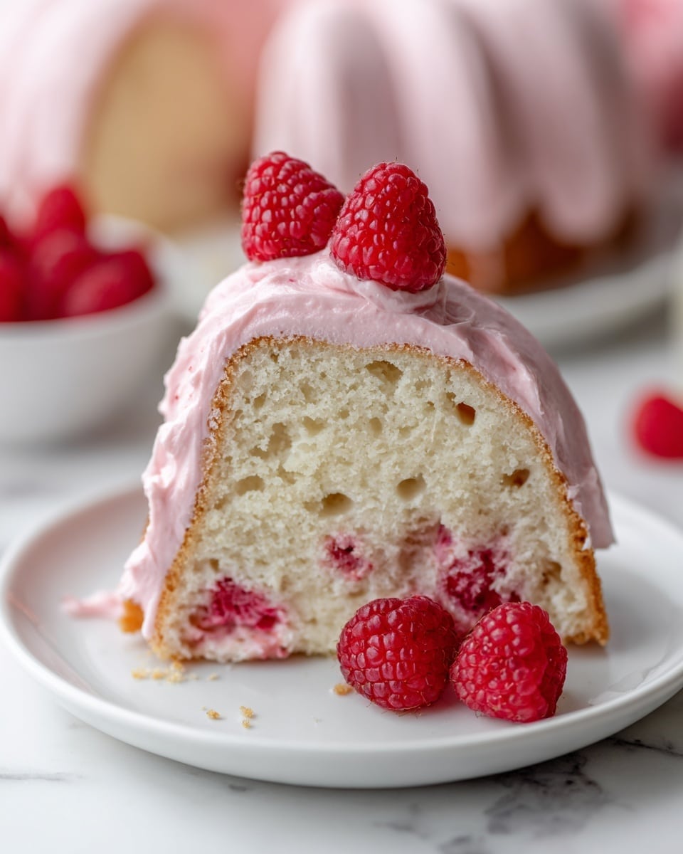 A close-up view of a slice of white bundt cake with three layers: the bottom layer is soft white cake with visible small air holes, the middle layer has embedded fresh red raspberries, and the top layer is pink creamy frosting evenly spread over the cake. Three fresh raspberries are placed on top of the frosting, and one raspberry sits in front of the slice on the white plate. The slice is placed on a smooth white plate on a white marbled surface. The background is softly blurred with hints of more raspberries and cake. Photo taken with an iphone --ar 4:5 --v 7