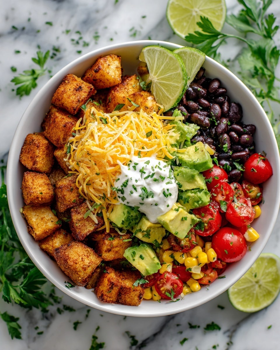 In a white bowl, there is a layered dish starting with golden brown, seasoned roasted potato cubes placed around the edge. Inside this, there is a layer of mixed black beans on one side and a colorful mix of halved red cherry tomatoes, bright yellow corn, and diced green avocado positioned next to the beans. On top, there is a mound of shredded cheddar cheese with a dollop of white sour cream garnished with chopped green herbs in the center. A wedge of lime is resting against the potatoes. The bowl sits on a white marbled surface with scattered fresh green herbs and lime slices nearby, creating a fresh and vibrant presentation. photo taken with an iphone --ar 4:5 --v 7