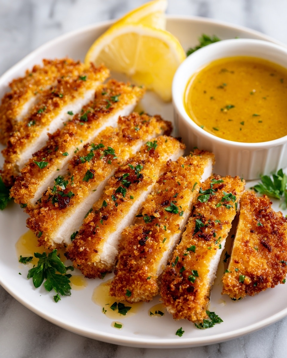 A close-up of a white plate with five slices of golden brown crispy breaded chicken breast neatly arranged side by side with visible moist white meat inside, sprinkled with green parsley pieces, and a small white bowl containing a golden dipping sauce beside the chicken. Two lemon wedges rest near the sauce, and some parsley leaves are placed around the food. The plate sits on a white marbled surface. photo taken with an iphone --ar 4:5 --v 7