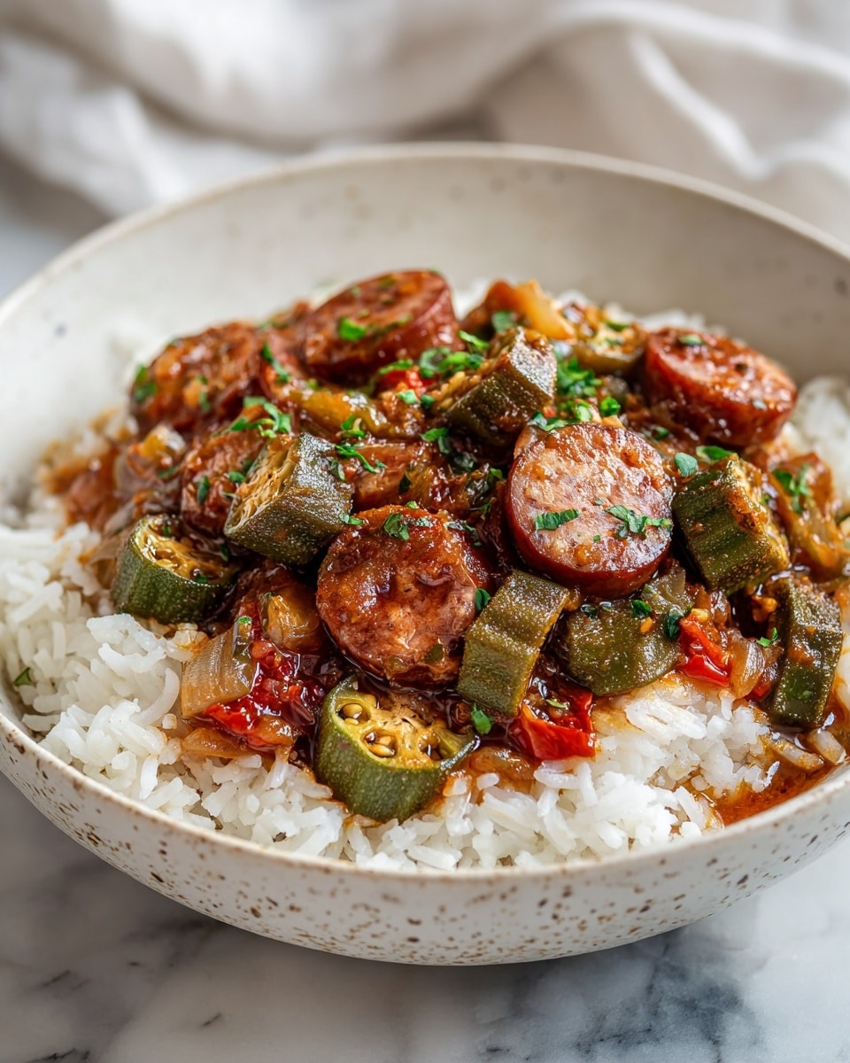 A white speckled bowl holds a dish with two main layers. The bottom layer is white, fluffy rice filling the bowl. On top is a thick stew made of chunky slices of brown and green okra mixed with diced tomatoes and onions, all covered in a reddish-brown sauce with a glossy texture. Small green herb pieces are sprinkled lightly on the stew. The bowl is set on a white marbled surface with a soft focus on a white cloth in the background. photo taken with an iphone --ar 4:5 --v 7