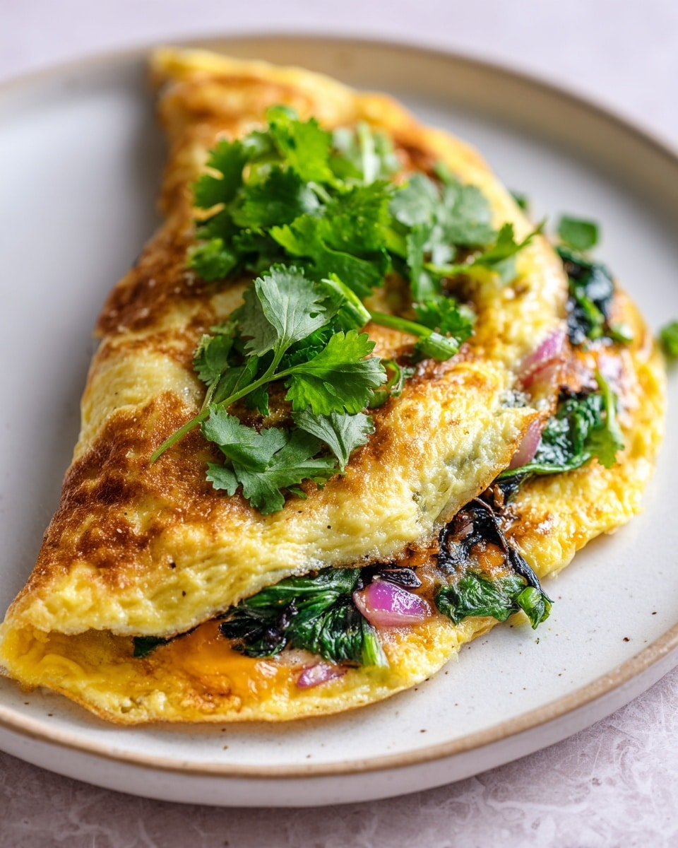 A folded omelet sits on a round white plate over a white marbled texture. The omelet has one visible layer: the outer egg is golden brown with a slightly crispy texture, and the inside layer shows melted cheddar cheese, sautéed dark green spinach, and bits of red onion, creating a colorful mix near the edges. On top of the omelet is a small bunch of fresh bright green cilantro leaves. The plate is centered with a softly blurred background. Photo taken with an iphone --ar 4:5 --v 7