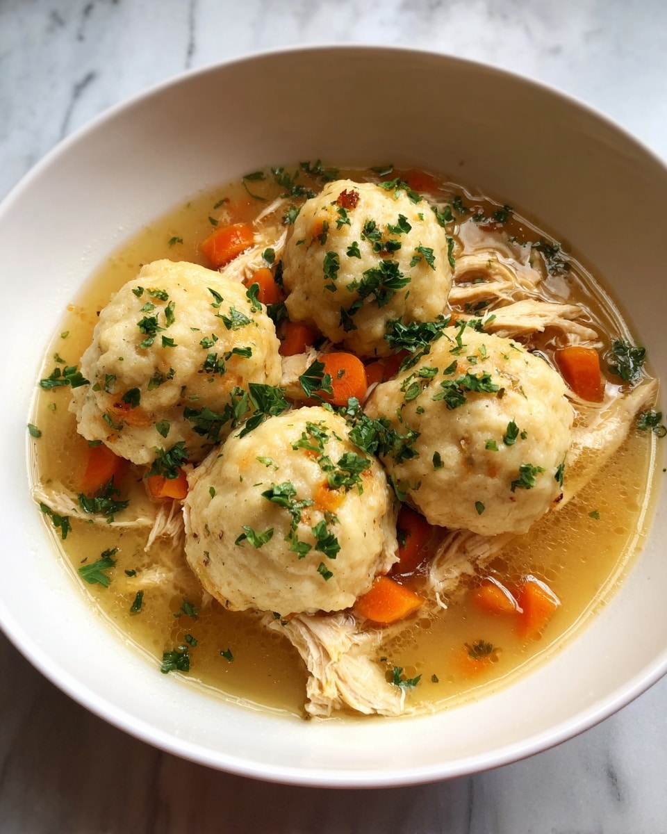 A white bowl filled with a chicken and dumplings stew, showing five light golden dumplings spread evenly on top. Underneath and around the dumplings are shredded light brown chicken pieces mixed with large chunks of bright orange carrots and small bits of green parsley leaves sprinkled throughout for color. The dish sits in a warm, light brown broth that fills the bowl nearly to the rim. The background features a white marbled surface. photo taken with an iphone --ar 4:5 --v 7